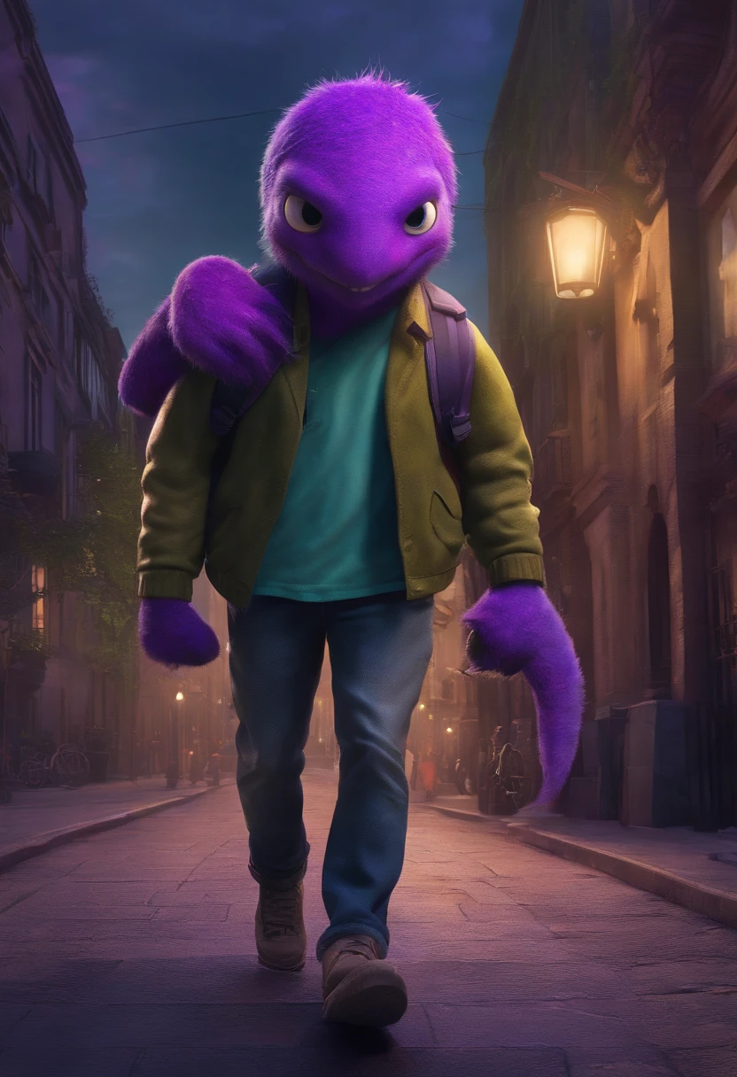menino, carrying a small purple monster on his shoulder,Wandering the streets of the city,illustartion,Detailed character design,dynamicpose,urban environment,Works of art in mixed media,Colorful,grainy textures,highly detailed background,Impressive lighting,realistic style,Playful,Expressive Monster Face,Stunning colors and shades,The Emotional Bond Between Boy and Monster,Realistic rendering,Best Quality,4k resolution,Ultra-detailed,Professional Artwork,Vivid colors,sharp-focus,studio lightning.