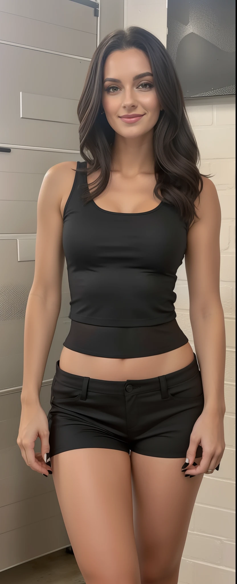 Araffed woman in a black top and black shorts standing in a garage, she is wearing a black tank top, tampo preto, topo de cabresto preto, tanque preto apertado, usando um top cropped sexy, regata preta apertada e shorts, usando uma regata preta cropped, tinyest midriff ever, midriff exposto