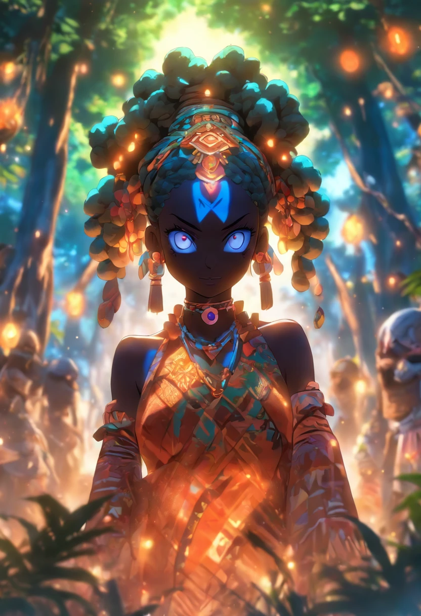 (((young girl))) best quality, ultra-high resolution, 4K detailed CG, master piece,Girl,trees,voodoo ritual,African clothing, Voodoo Mythology, ((in a trance)), African image, aesthetic, centered screen, full body