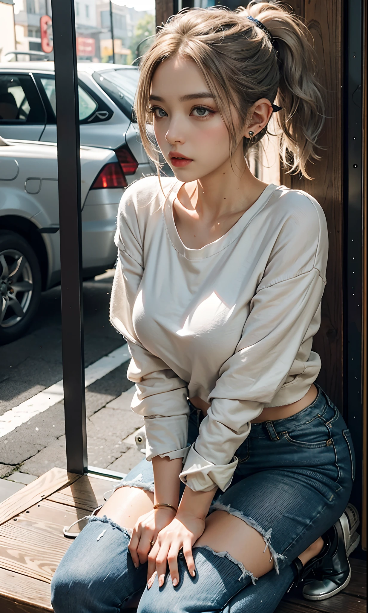 （raining day：1 silver-haired girl, Girl）， tmasterpiece， best qualtiy， RAW photogr， realisticlying， the face， Incredibly Ridiculous res， Beautiful elf beauty, ear studs，Get wet all over， (Champagne-colored ultra-short hair,Half-tied ponytail), Sweatshirt,tiese,Half-leg jeans，Short black socks,Short black socks,Low-top canvas shoes,depth of fields， A high resolution， ultra - detailed， filigree， RAWE is very detailed， very detailed eyes and faces， Sharp pupils， realistic pupil， tack sharp focus， cinmatic lighting，full bodyesbian，Bigboobs，long leges，From the front side，Main street on a rainy day，dynamicposes，（Extremely normal body:2.0）