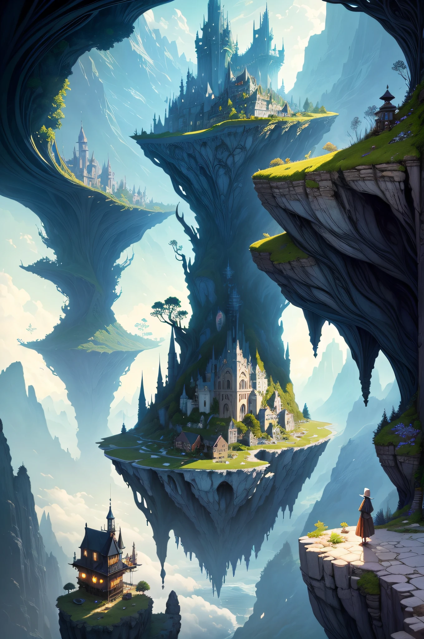 Epic elf village by Daniel Merriam and Alejandro Burdisio, fantasy landscape by Gediminas Pranckevicius and Jacek Yerka, iimpossible architecture by Escher and Dali. cliffs and waterfals by Christoph Vacher and Duy Huynh. Fauna by Alexander Jansson and Ellen Jewett, dramatic skyscape by James Jean and Hayao Miyazaki