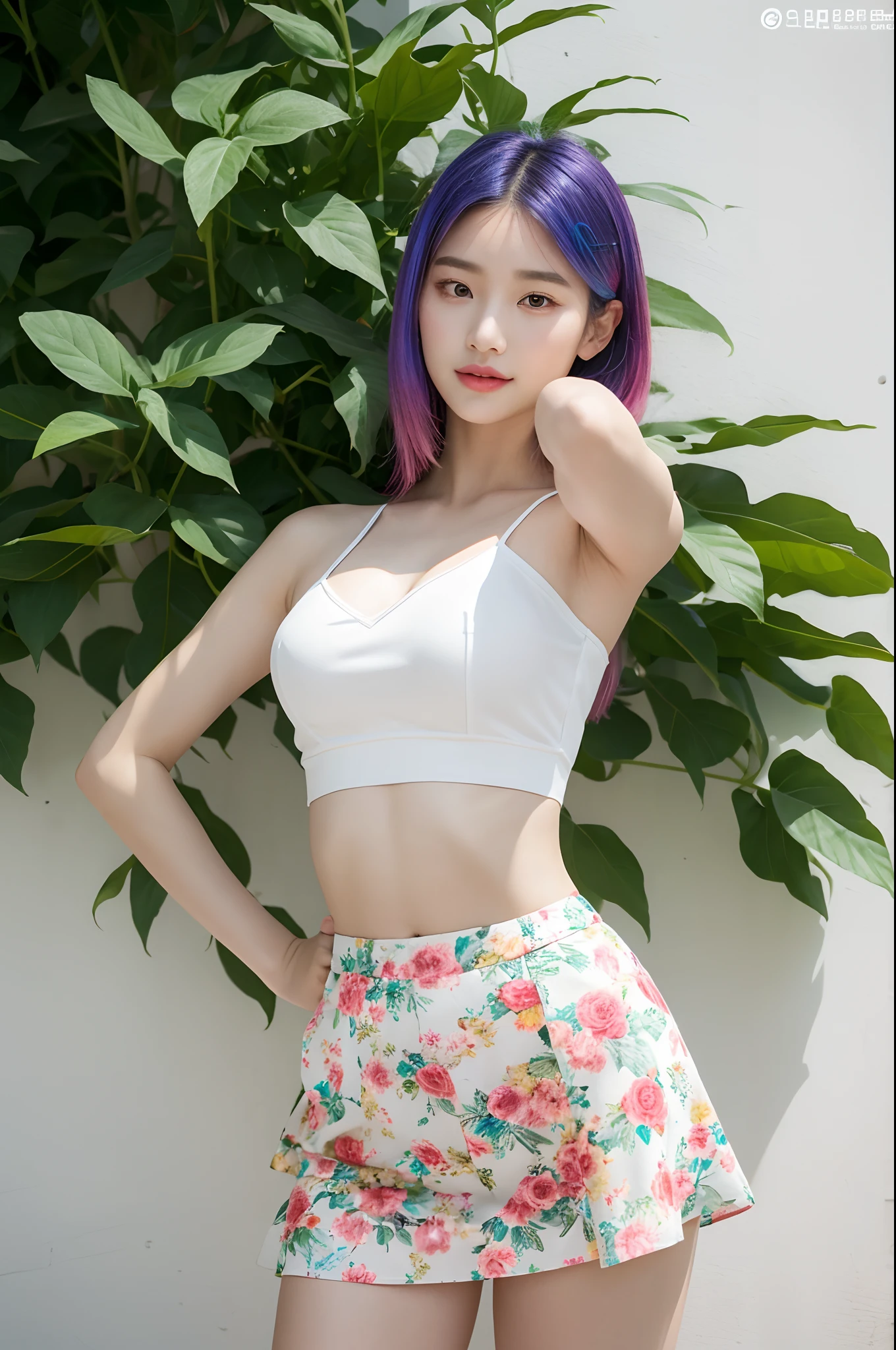 a woman in a floral crop top and mint skirt posing for a picture, croptop, crop top, bralette, wearing white camisole, bae suzy, wearing a camisole, physical : tinyest midriff ever, gorgeous young korean woman, heonhwa choe, cutecore, lulu chen, reluvy5213, light purple hair