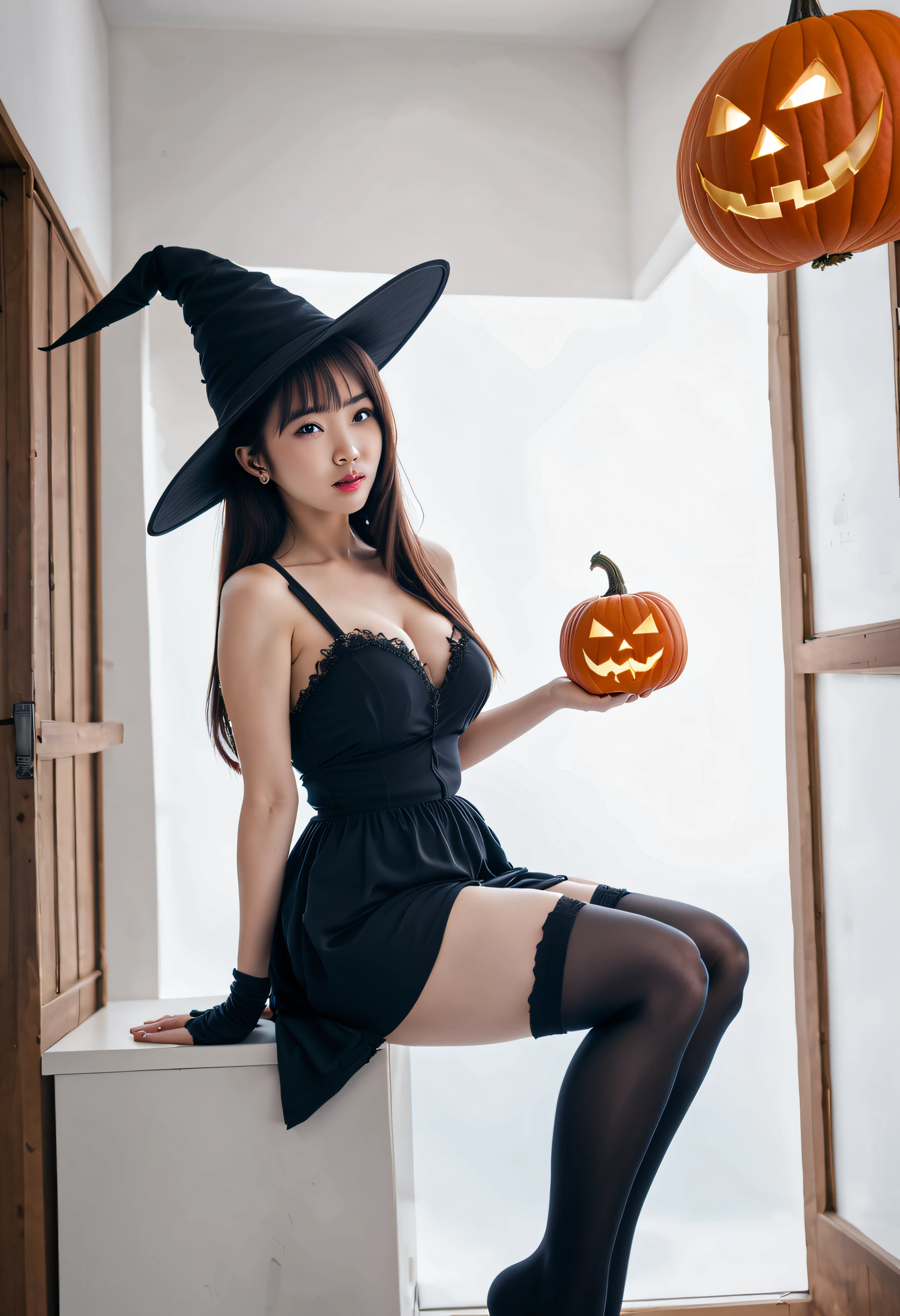 Masterpiece、Halloween、Bewitching witch、Pointy hat、japanes、Good style、Black stockings、Black underwear、Large breasts、With pumpkin lamps、(in 8K、Raw photography、top-quality、​masterpiece:1.2)、(realisitic、photoRealstic:1.37)
