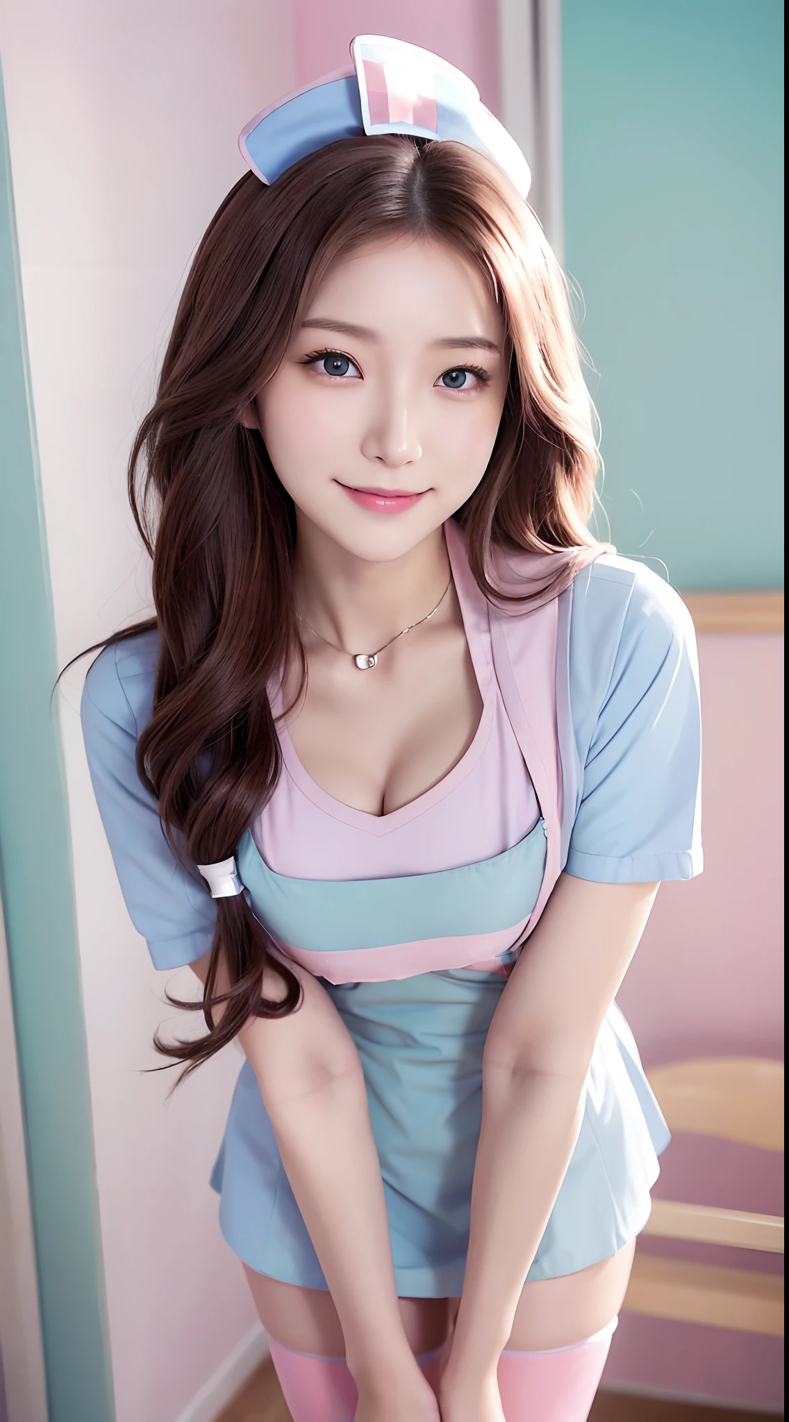 realisitic、Photorealsitic:1.37、masutepiece,finedetail、Big、Beautiful skins、light skinned、1人の女性,(20 Years Old Beautiful Korean Woman:1.1),(((In the hospital)))、The ultra -The high-definition、(8K、Raw photography、Best Quality、masutepiece:1.2)、Large bust、((Realistic ))、Attractive eyes、(50mm Sigma f / 1.4 ZEISS Lenses、F1.2、1 / 800 sec、ISO 100、a picture:1.1)、(Brown hair:1.2)、(realisitic:1.4)、bokeh dof、sharp、(Photorealsitic)、Live action photos、独奏、top-quality、Very beautiful face、Very beautiful eyes、beatiful detailed eyes、Floating hair,(((Nurse uniform in pastel colors:1.3))),Black thigh stockings、Super beautiful legs、Long body、Beautiful legs、((Thigh Gaps))、Nurse Uniform、（modeled:1.2)、Smile from Front:1.1、dynamicposes,wide hips,Slim waist,thick legs,(makeups:1.2)、 Pose,Boob emphasis、((Open cleavage)),((huge-breasted:1.4))、A smile、smil、Smiling happily、