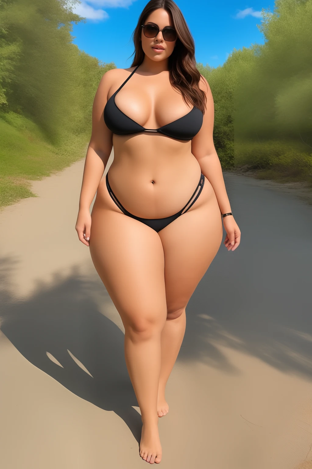 a curvy woman with wide-angle shot, featuring curvy thighs with smooth skin and soft lighting. The thighs should be thick with a gentle curve and defined muscles. The overall look should be voluptuous thighs with a subtle shine and a soft glow ,