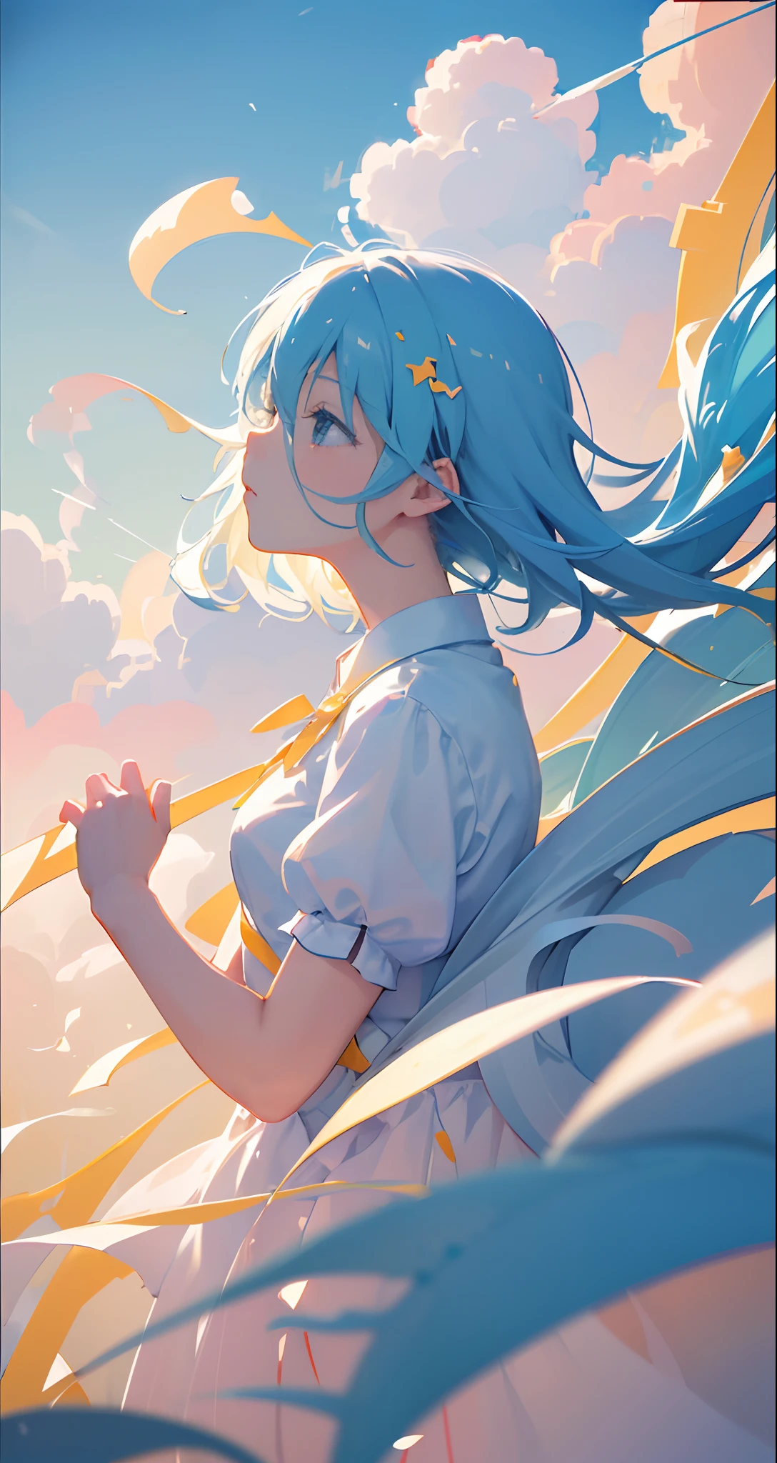 masterpiece、top-quality、Movie stills、One girl、floating in sky、Cloud Girl、(a closeup:1.1)、with light glowing、Happiness、A delightful、Soft lighting、(Bauhaus、form、Line、abstracted:1.1)、nigh sky、morning
