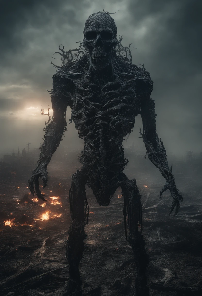 Cosmic cyberpunk Wendigo wearing Neon Mecha Armour, Splatter, Mythological, Abominable, Foreshortened,, eerie, Creepy, nightmarish, Light particles, with light glowing, , Mushroom Cloud, winner of the year's best photo, the world on fire, post-apocalyptic hellscape military photography, photo epic of the year, fire on the horizon, epic cinematic shot, pure form, intricate detail, 8k post-production, High resolution, super Detail, trending on ArtStation, sharp focus, studio photos, intricate detail, Very detailed, By Greg Rutkowski, Mshiff, wallpaper art, UHD wallpaper