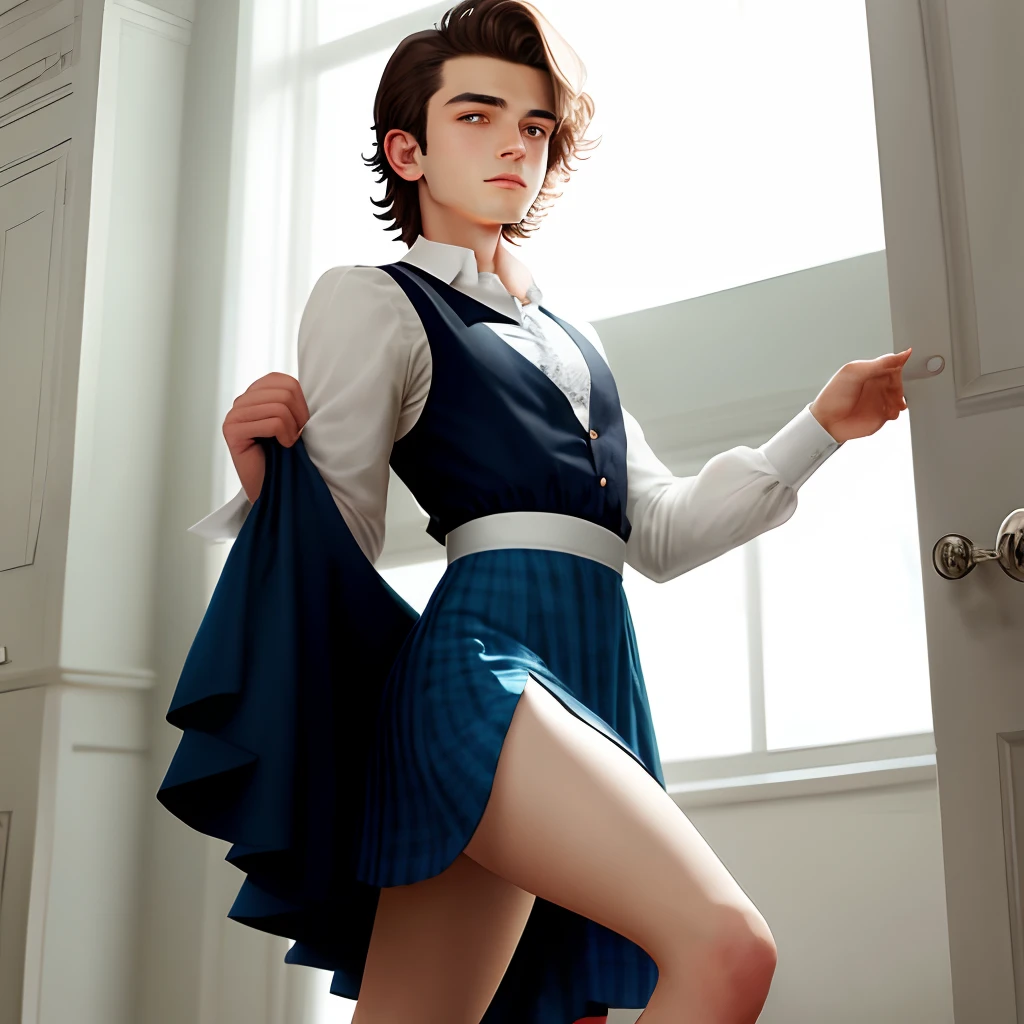 Feminine young man in a dress, lifting the skirt, showing his .