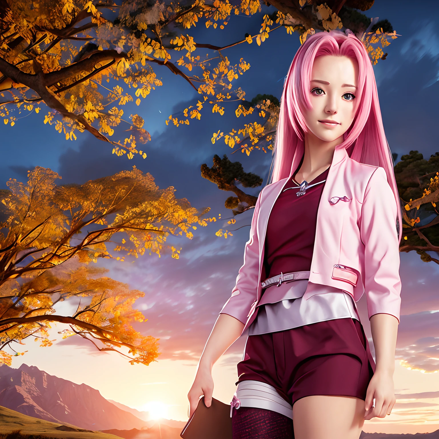 Fantasy artwork of a girl character in Genshin Impact's scenic landscape: a beautiful scene featuring a girl with long pink hair, standing in a wide field. She wears shorts and an open white jacket, with red eyes and a light smile. The landscape includes a mountain, realistic sky, tree, and grass. The artwork has a low contrast and brightness, with smooth clouds and a clear sky at sunrise