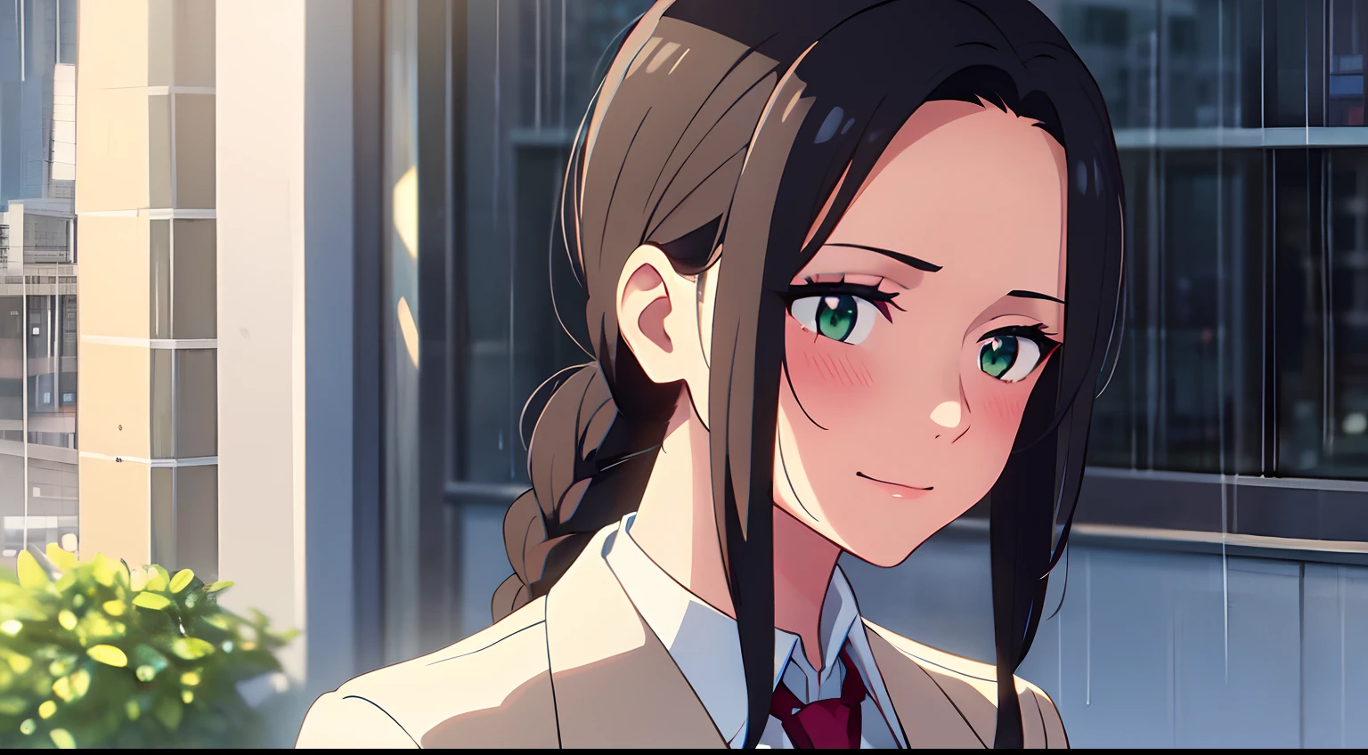 masterpiece, best quality, 1girl, solo, long black hair, single braid, parted fringe, forehead, with green eyes, rain, city, red eyeshadow, white suit blue necktie, pocket on chest, medium breast, sky, close up, light smile, blush