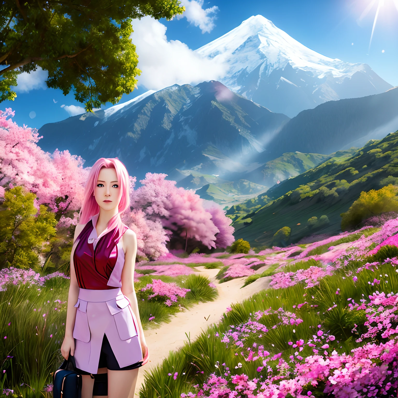 Fantasy artwork of a girl character in Genshin Impact's scenic landscape: a beautiful scene featuring a girl with long pink hair, standing in a wide field. She wears shorts and an open white jacket, with red eyes and a light smile. The landscape includes a mountain, realistic sky, tree, and grass. The artwork has a low contrast and brightness, with smooth clouds and a clear sky at sunrise