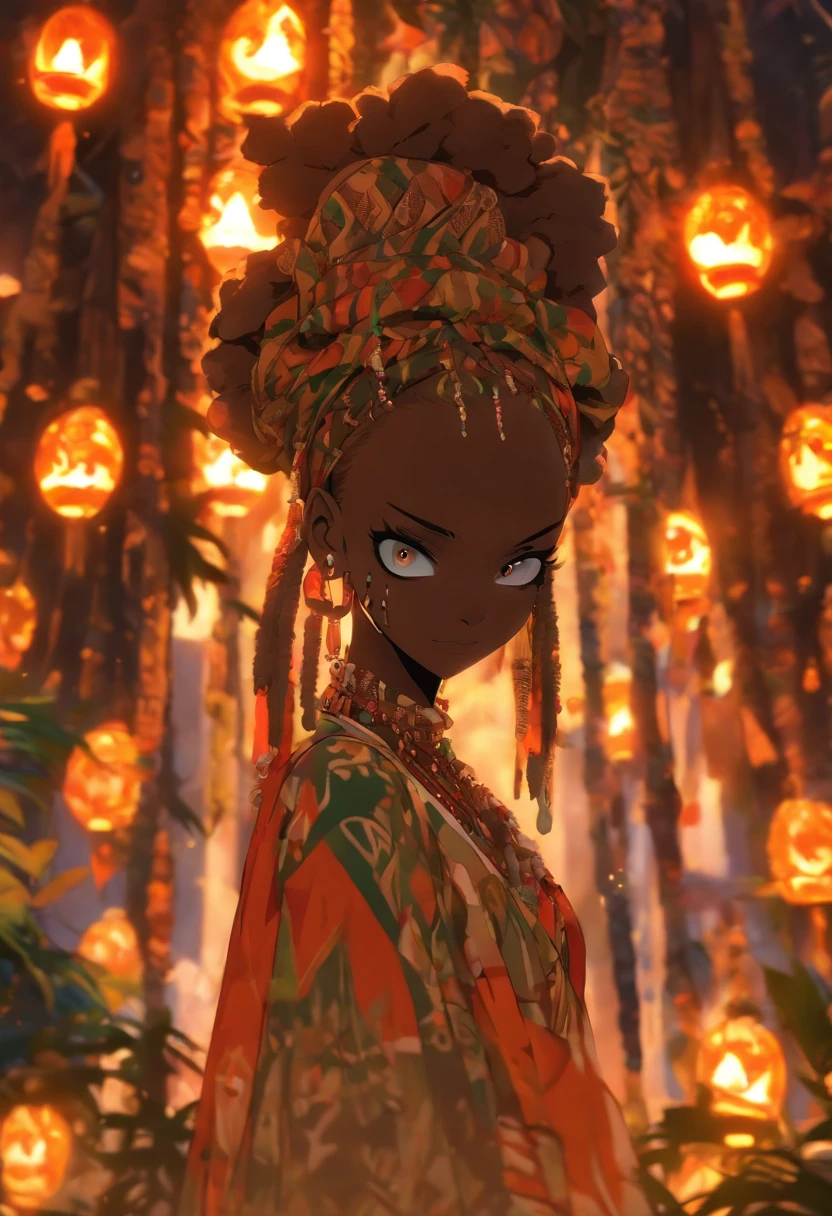 (((young girl))) best quality, ultra-high resolution, 4K detailed CG, master piece,Papa legba,Girl,trees,voodoo ritual,African clothing, Voodoo mythology, ((girl with white eyes)), African image , aesthetic, screen-centric, full body