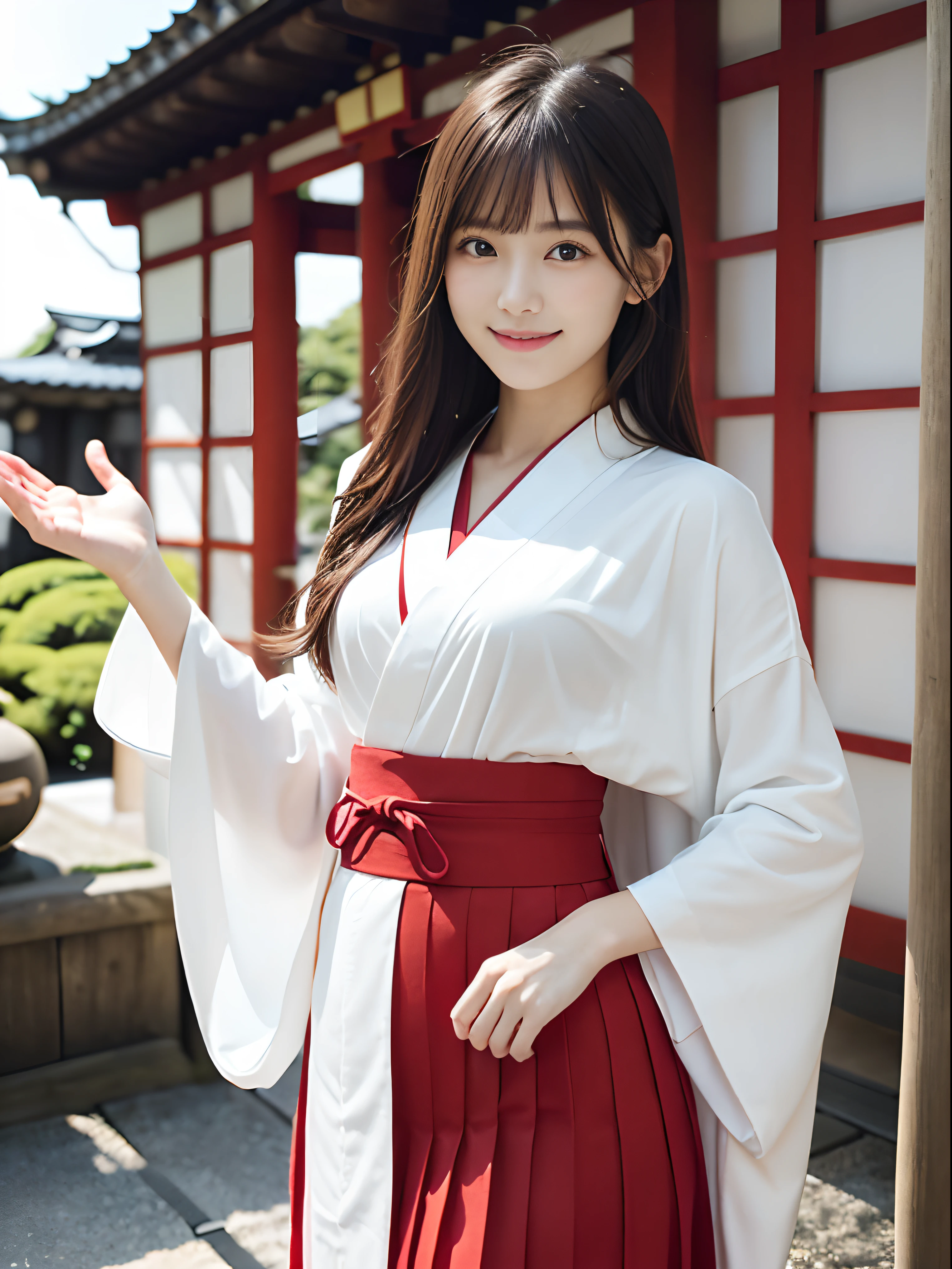 (Close up portrait of girl with slender small breasts and long hair with dull bangs in white kimono and red long skirt:1.5)、(Girl open her arms wide with small smile in the precincts of a shrine in Japan with white kimono and red long skirt:1.5)、(Beautiful blue sky :1.3)、(Perfect Anatomy:1.3)、(complete fingers:1.3)、(8K:1.3)、Photorealistic photography、masutepiece、top-quality、High resolution、delicate and pretty、face perfect、Beautiful detailed eyes、Fair skin、Real Human Skin、((thin legs))、(Dark hair)