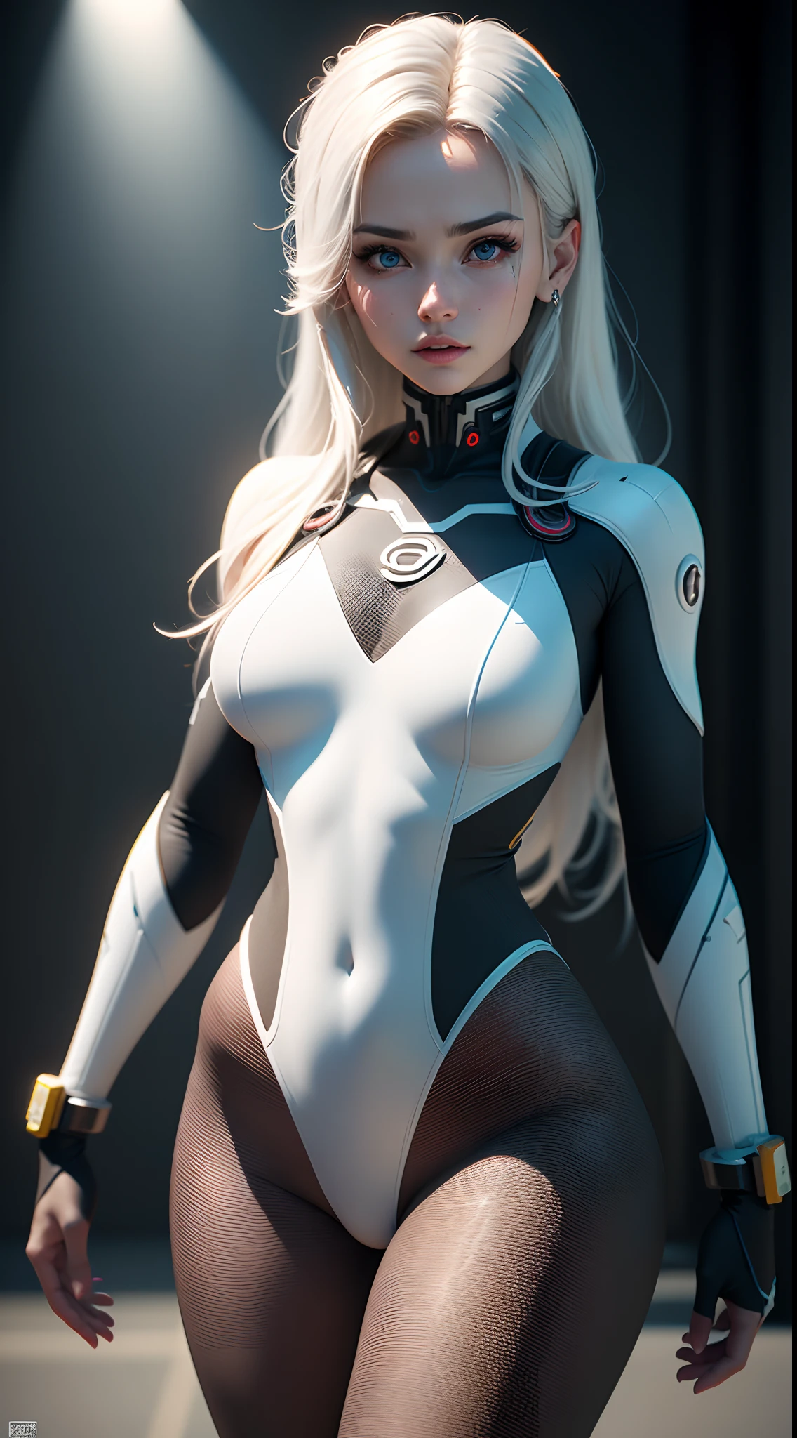 (((Young White Woman))), ((Best Quality)), ((Masterpiece)), (Detail: 1.4), 3D, A Beautiful Cyberpunk Woman with Simon Bisley-style micro thong, Genesis evangelion neon style clothing, 2-piece clothing, Long silver hair, arm tatoo, cybernetic hands, pastel, Centered, scale to fit the dimensions, nffsw (High dynamic range),Ray tracing,NVIDIA RTX,Hyper-Resolution,Unreal 5,Subsurface Dispersion, PBR Texture, Post-processing, Anisotropy Filtering, depth of fields, Maximum clarity and sharpness, Multilayer textures, Albedo and specular maps, Surface Shading, accurate simulation of light and material interactions, Perfect proportions, Octane Render, Two-tone lighting, Wide aperture, Low ISO, White Balance, thirds rule, 8K Raw, Crysisnanosuit,loraeyes,nijistyle,pantyhose,Blue eyes