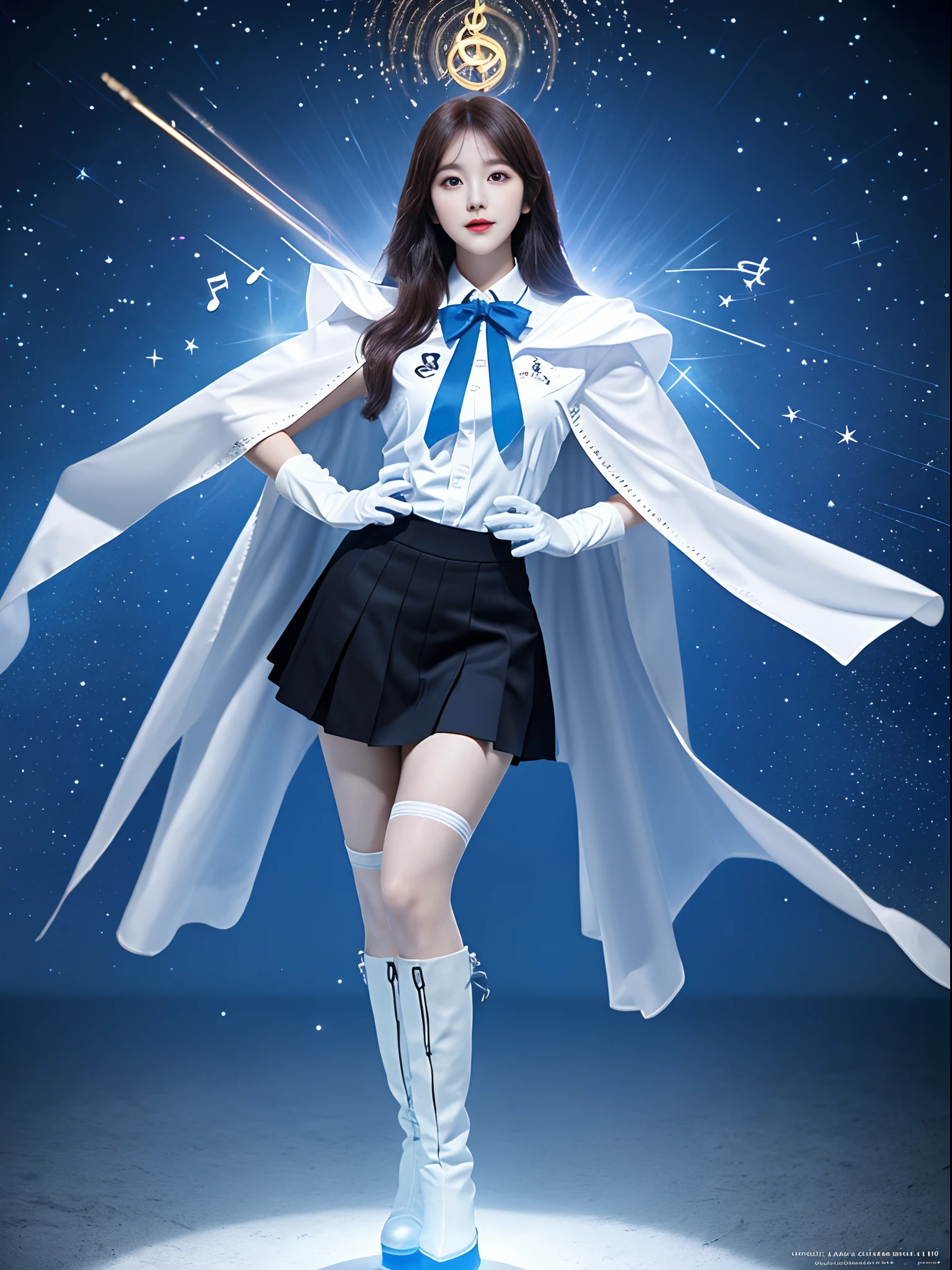 High-end CG Korean girl Irene sparkle special effects transformed into a uniform，Dressed in delicate musical symbols，White cape blue gloves boots+Wand Music Girl，The whole body emits a mysterious light，Superhuman strength，，soio，Realistic superpower special effects 100%Music Symbol Effects Full body shot