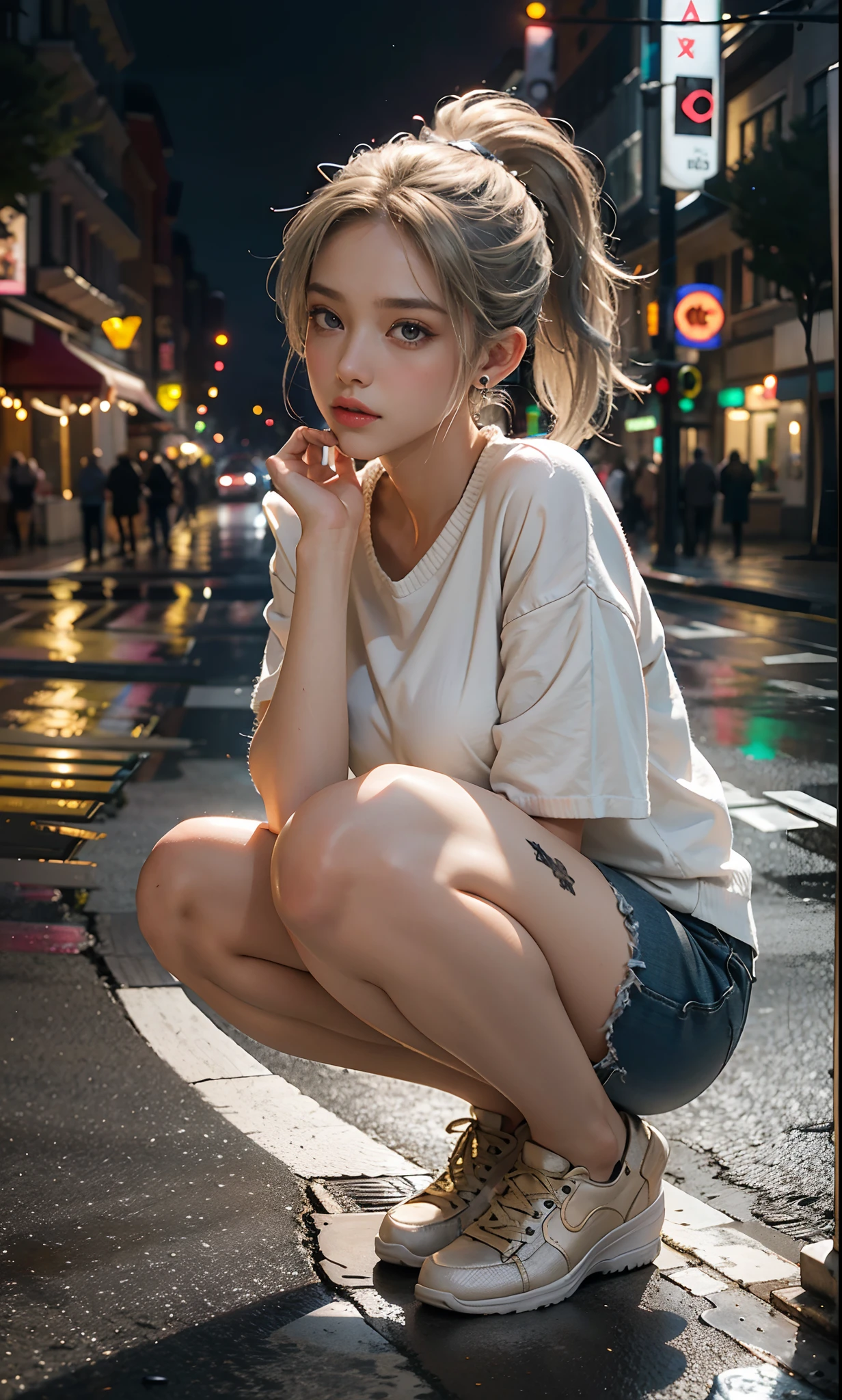 8K RAW photos, high resolution, slender Korean at 17 years old, big round breasts, formal shirt, formal skirt, very thin mouth, duck mouth, smile,, beautiful eyes in detail, slender eyes, three white eyes, cheeks, long eyelashes, beautiful double eyelids, eyeshadow, beautiful thin legs, stockings, necklace, earrings, short hair, in front of the station at night, flower bed at night, Squatting, high-end high heels