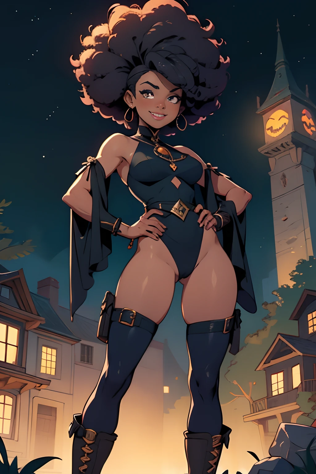 "Em uma fantasia de vaqueiro futurista": Hand-drawn in sketchbook style: Corpo inteiro de uma bela mulher afro-americana, vaqueira, com um sorriso malicioso, cabelos pretos extremamente longos e encaracolados, in eye-catching epic costume of S&M, em pose provocante e escandalosa. Botas surradas, vestimenta de couro em miniatura e rasgado, cinto pesado. Estabelecendo tomada POV. Arte inicial. Caricatura estilo desenho animado. Cena de Halloween, atmosfera de sombria, pose natural dinamica