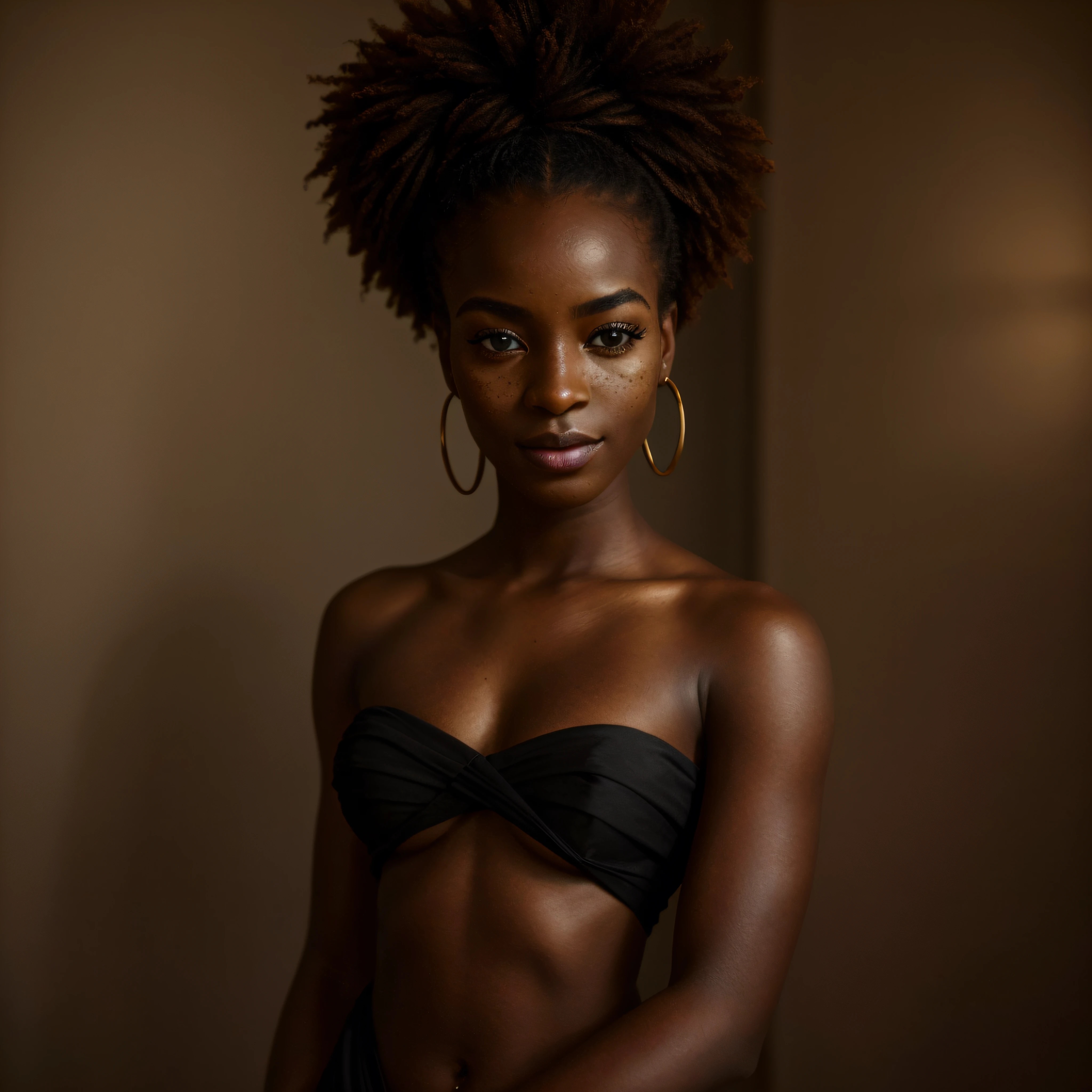 An exquisite portrait of a Black African women with deep ebony skin, the photograph captured in stunning 8k resolution and raw format to preserve the highest quality of details. The woman's beauty is undeniable. She wears an open dress that complements her radiant skin, and her eyes are portrayed with meticulous attention to detail, showcasing the captivating depth within. The photograph is taken with a lens that emphasizes the defiance in her gaze, and the backdrop is a dark studio setting that enhances the muted colors of the scene. The lighting and shadows are expertly crafted to bring out the richness of her skin tone and the subtle nuances of her features. Her ginger hair, with its distinct hue, adds a touch of warmth and contrast against her ebony skin. The interior setting adds a sense of intimacy, while the freckles on her skin tell their own story. The overall composition captures her essence with authenticity and grace, creating a portrait that is a celebration of her heritage and beauty. Photography by defiance512, utilizing the best techniques for shadow and lighting, to create a mesmerizing portrayal that transcends the visual.