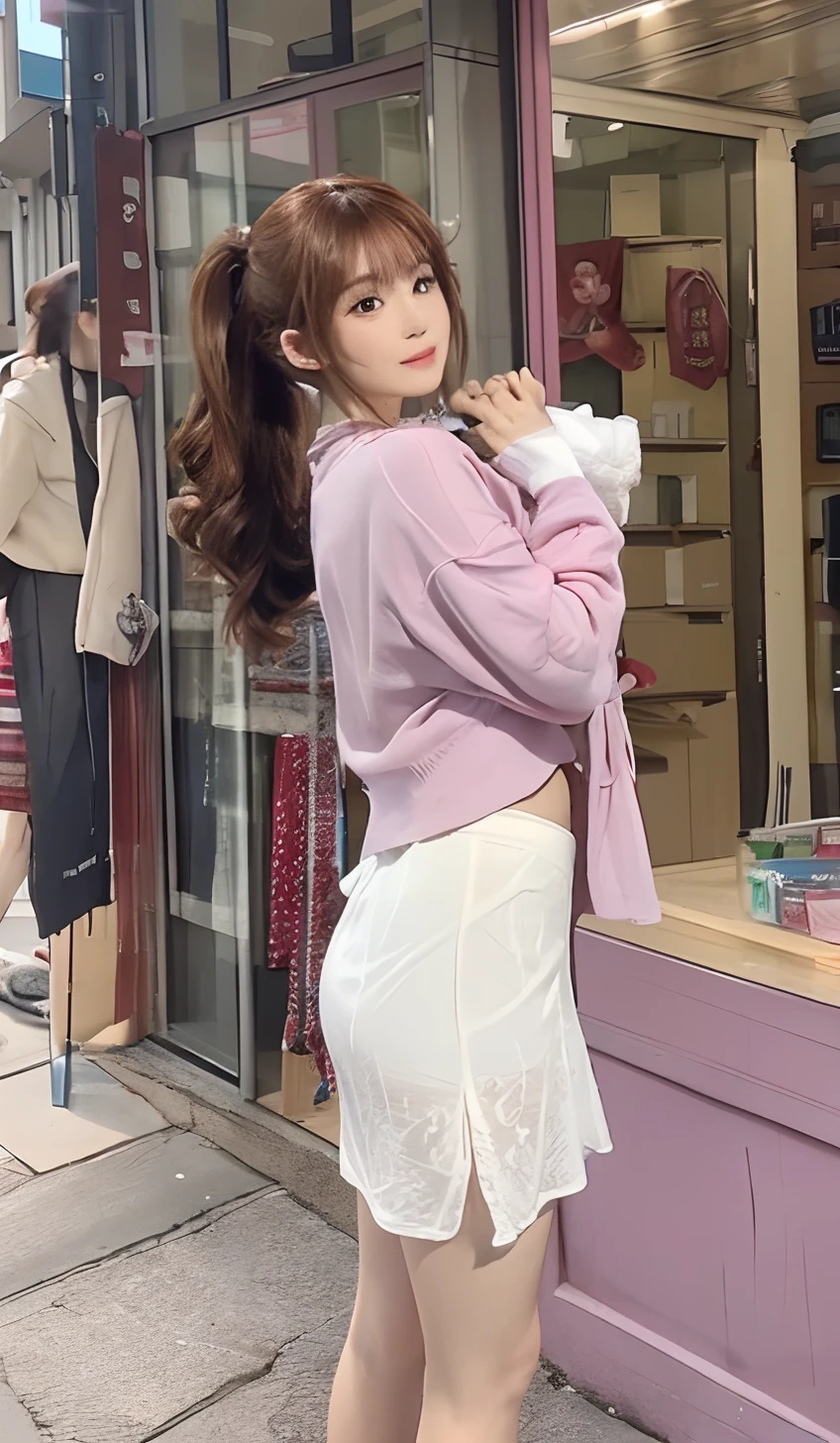 (Raw photography、top-quality)、(realisitic、Photorealsitic:1.3)、masterpiece、extremely delicate and beautiful、nffsw、Unity、2k wallpaper、astonishing、finely detail、8K Wallpapers、hight resolution、1girl in、Soft light、((Brown hair、poneyTail))、a beautiful detailed girl、Angle from the side、Looking at the camera、1girl in、cute little、25-years old、((large full breasts、 Breasts visible from the top of clothes))、Realistic beautiful face、Realistic body、Lustrous skin texture、Beautiful detailed thighs、(Clothes are see-through、a miniskirt:1.3)、thighs thighs thighs thighs、(up skirt)