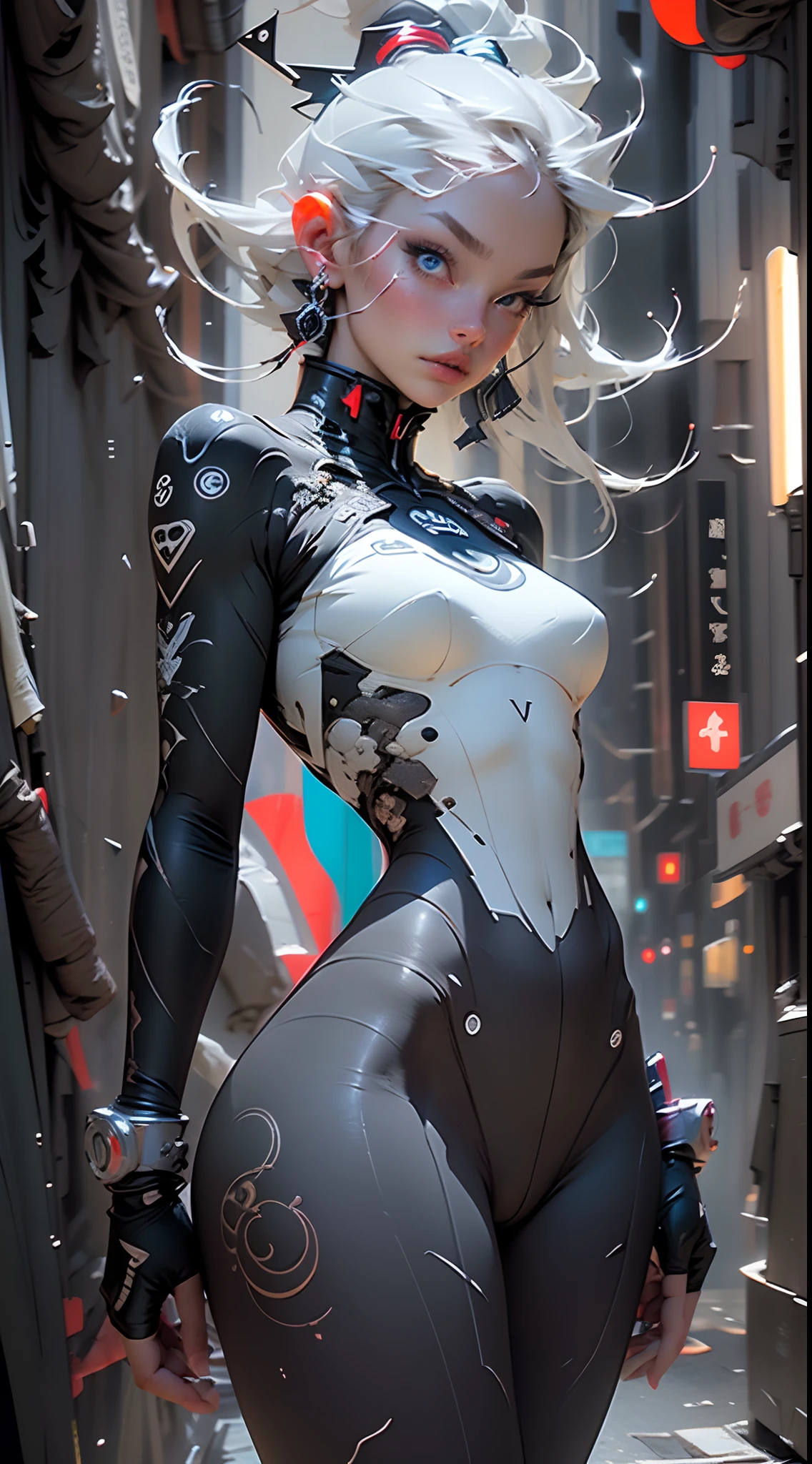 (((Young White Woman))), ((Best Quality)), ((Masterpiece)), (Detail: 1.4), 3D, A Beautiful Cyberpunk Woman with Simon Bisley-style micro thong, Genesis evangelion neon style clothing, 2-piece clothing, Long silver hair, arm tatoo, cybernetic hands, pastel, Centered, scale to fit the dimensions, nffsw (High dynamic range),Ray tracing,NVIDIA RTX,Hyper-Resolution,Unreal 5,Subsurface Dispersion, PBR Texture, Post-processing, Anisotropy Filtering, depth of fields, Maximum clarity and sharpness, Multilayer textures, Albedo and specular maps, Surface Shading, accurate simulation of light and material interactions, Perfect proportions, Octane Render, Two-tone lighting, Wide aperture, Low ISO, White Balance, thirds rule, 8K Raw, Crysisnanosuit,loraeyes,nijistyle,pantyhose,Blue eyes