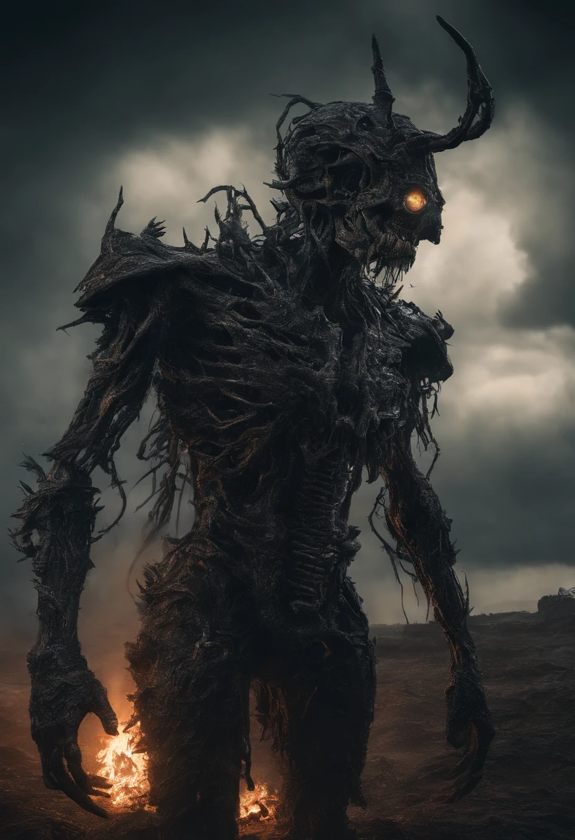 Cosmic cyberpunk Wendigo wearing Neon Mecha Armour, Splatter, Mythological, Abominable, Foreshortened,, eerie, Creepy, nightmarish, Light particles, with light glowing, , Mushroom Cloud, winner of the year's best photo, the world on fire, post-apocalyptic hellscape military photography, photo epic of the year, fire on the horizon, epic cinematic shot, pure form, intricate detail, 8k post-production, High resolution, super Detail, trending on ArtStation, sharp focus, studio photos, intricate detail, Very detailed, By Greg Rutkowski, Mshiff, wallpaper art, UHD wallpaper