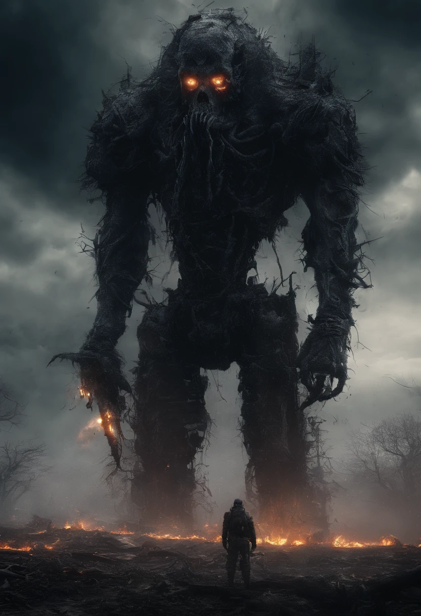 Cosmic cyberpunk Wendigo wearing Neon Mecha Armour, Splatter, Mythological, Abominable, Foreshortened,, eerie, Creepy, nightmarish, Light particles, with light glowing, , Mushroom Cloud, winner of the year's best photo, the world on fire, post-apocalyptic hellscape military photography, photo epic of the year, fire on the horizon, epic cinematic shot, pure form, intricate detail, 8k post-production, High resolution, super Detail, trending on ArtStation, sharp focus, studio photos, intricate detail, Very detailed, By Greg Rutkowski, Mshiff, wallpaper art, UHD wallpaper