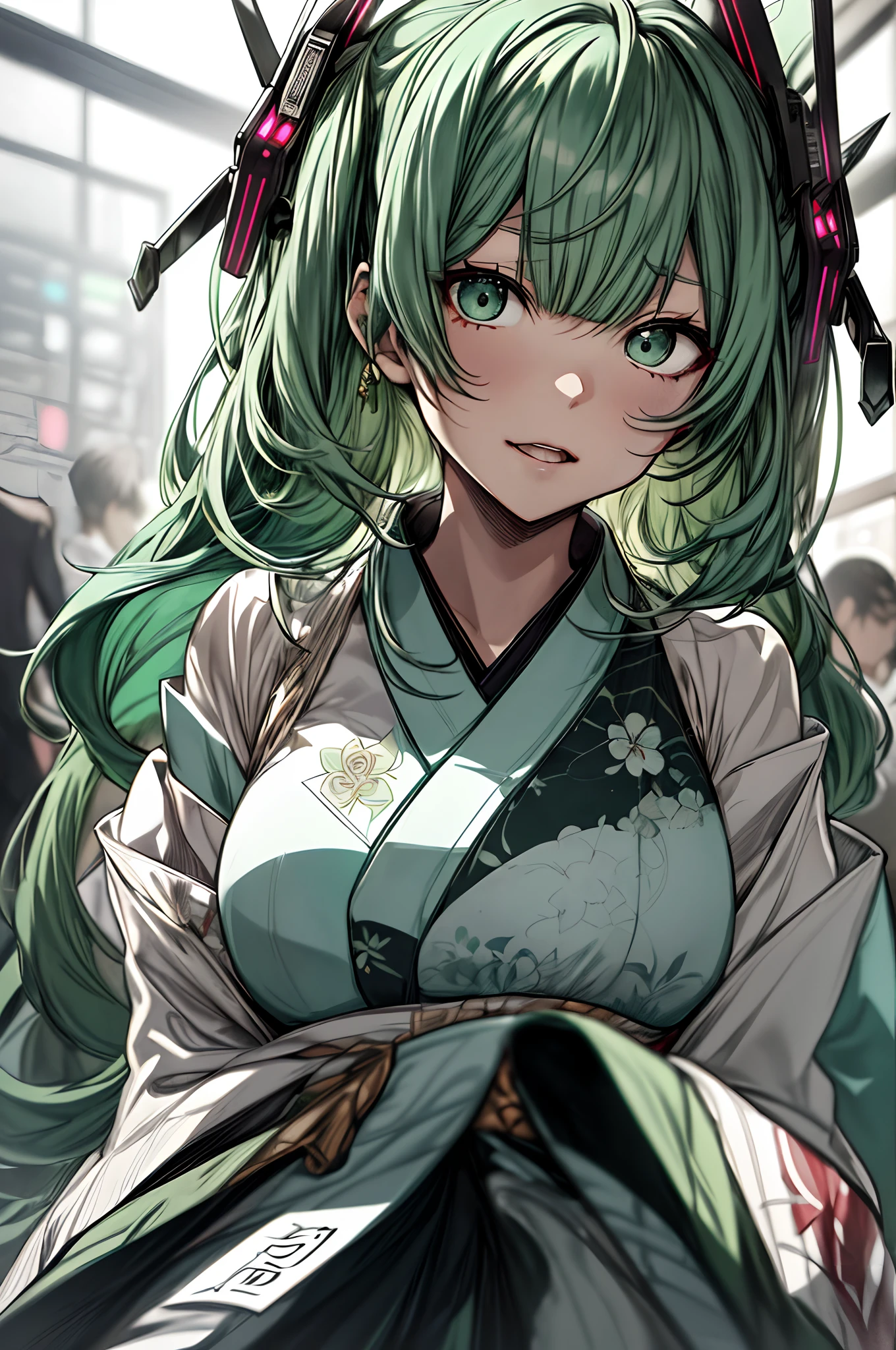 (masterpiece, best quality: 1.2), cowboy shot, solo, 1girl, odelschwanck, expressionless, mouth shut, looking at the viewer, hand in own hair, green hair, skull, kimono, giant breasts, cleavage,