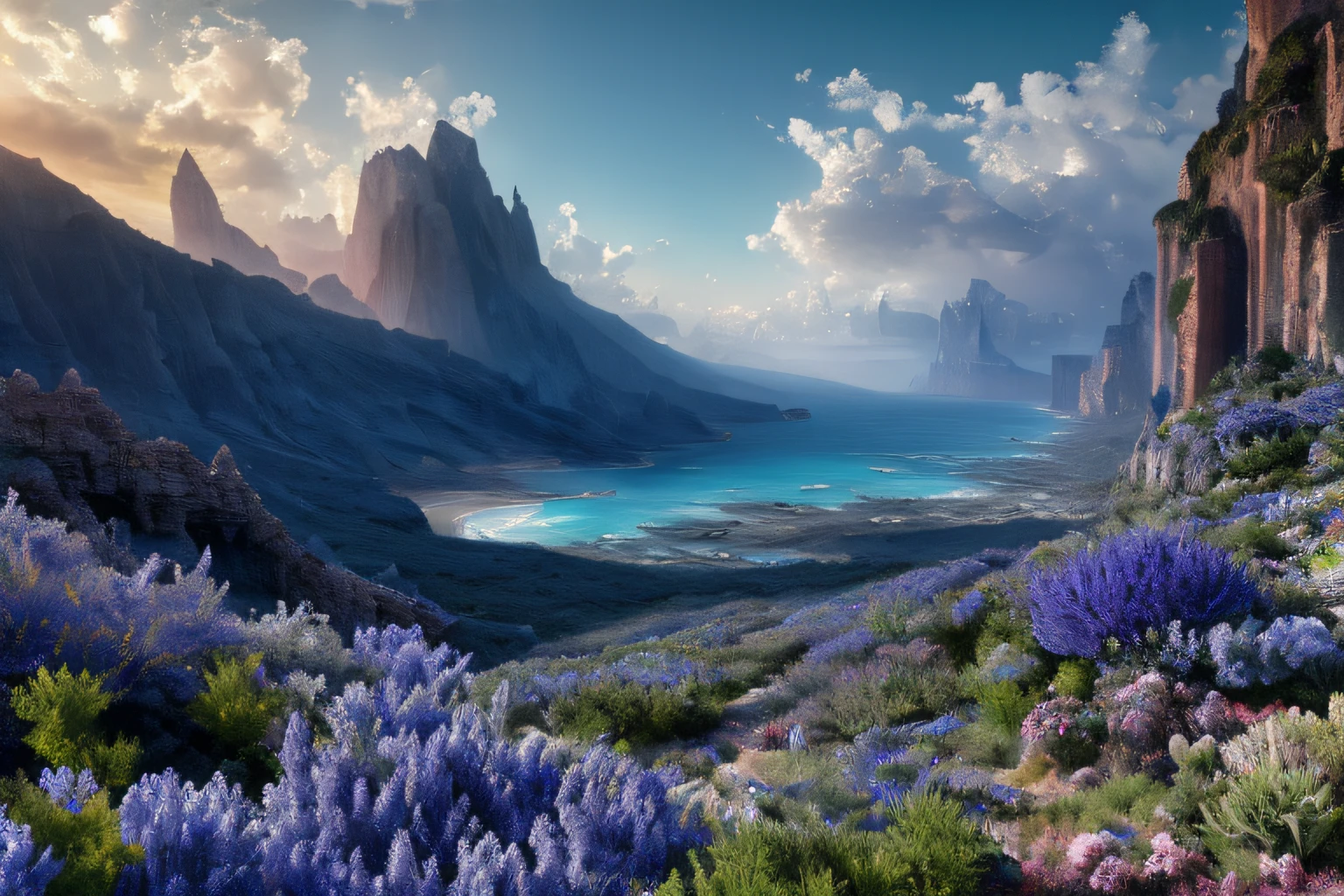 Landscape inside the earth, Agartha, mer cristalline bleu cobalt,glycine, Eau cristalline, ciel azur lumineux, ,(Highly detailed CG Unit 8k wallpaper), The most beautiful work of art in the world, Professional majestic oil painting, complexe, High detail, mise au point nette, dramatique, Art of photorealist painting,
