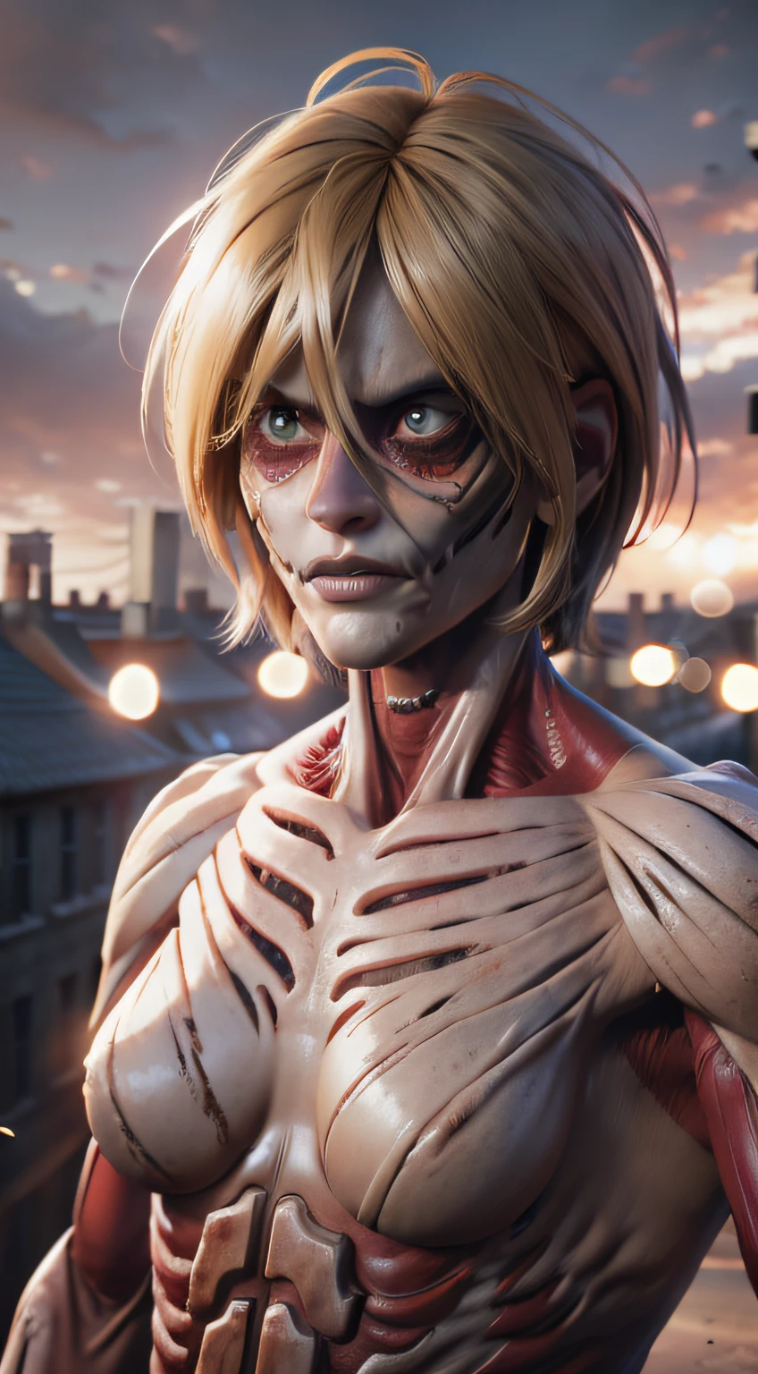 Attack on titan Annie, post apocalytic, female titan, muscular, bokeh, UHD, side lighting, ultra realistic, ray tracing