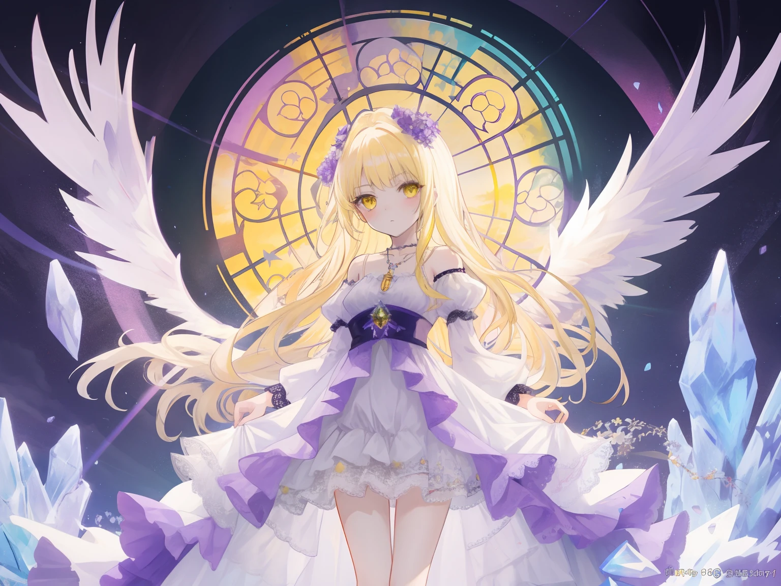 Anime game Arcane Garden's of the Great White Empire - Girl, pale yellow hair, long hair, bright yellow eyes, purple eyeliner, light white dress, yellow diamond pattern on the dress, yellow pattern on the dress, sad, looking at the viewer, purple necklace, lace belt on the leg, purple ribbon in the hair , yellow crystal wings, hexagonal crystals, abandoned palace balcony, crystal plants, sunset rays, halo