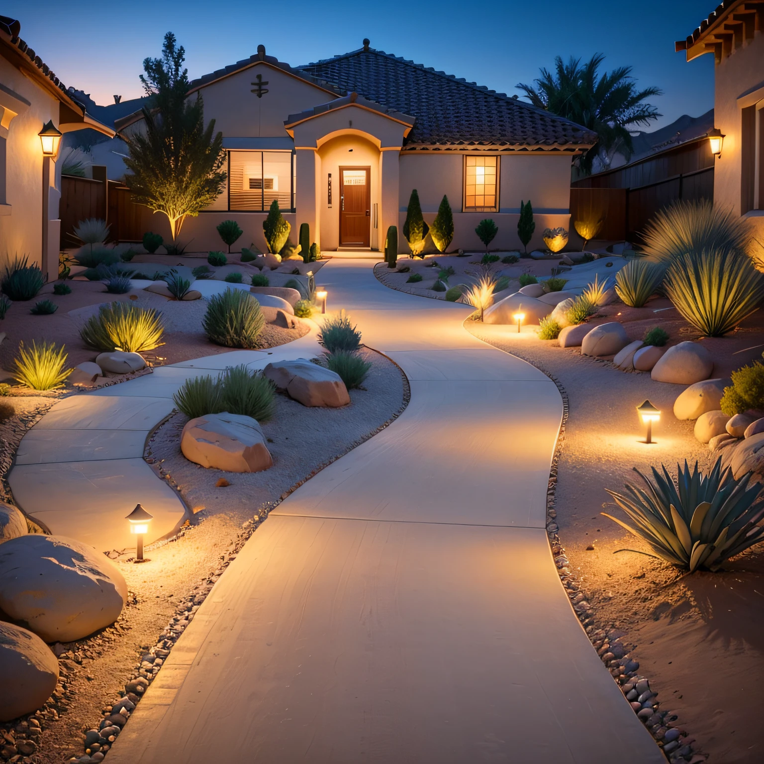 maintenance of desert landscape front yard with Irrigation and Lighting