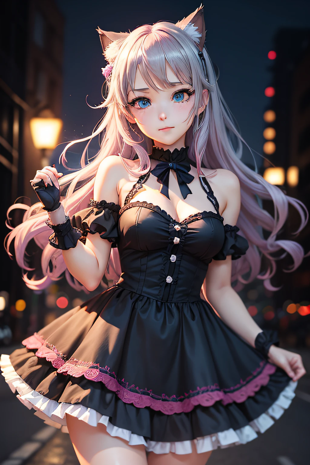 masutepiece, Best Quality, hight resolution, 1girl in, Solo, anastasia (idolmaster), idolmaster cinderella girls, Blue eyes, Cat ears,Silver and pink gradient hair color, Black Dress, Cowboy Shot, , Closed mouth, The upper part of the body_Body,