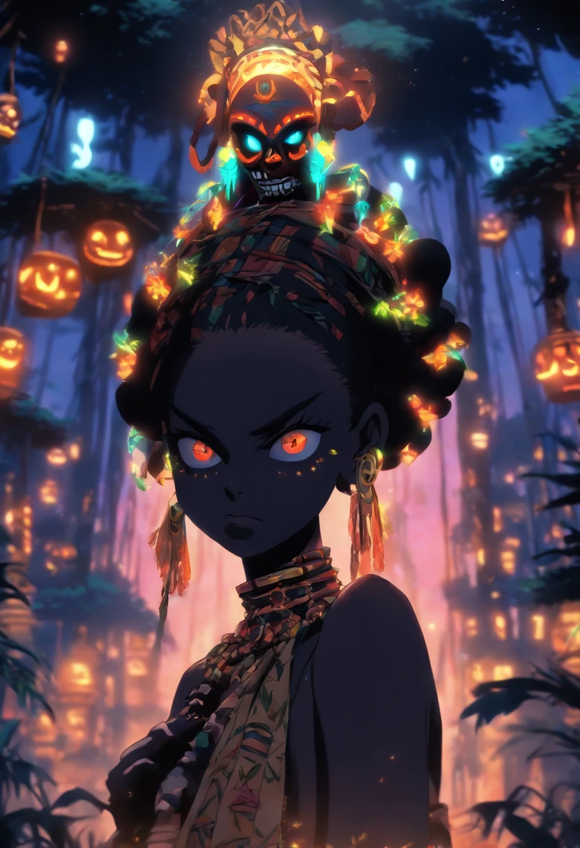 (((young girl))) best quality, ultra-high resolution, 4K detailed CG, masterpiece, Papa legba, girl, trees, voodoo ritual, African clothing, voodoo mythology, ((black magic ritual, voodoo) ), African image, aesthetic, screen-centered, full body