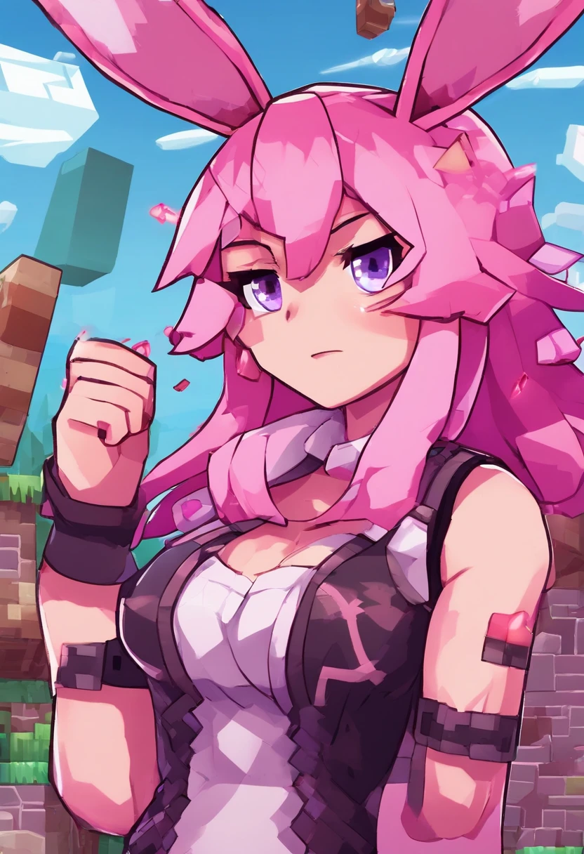 Cute sexy girl, Pink hair, A bunny girl, Ultra photo realsisim, Detailed lighting, anime big breast, Possessed ,gigantic cleavage breasts,strong muscle