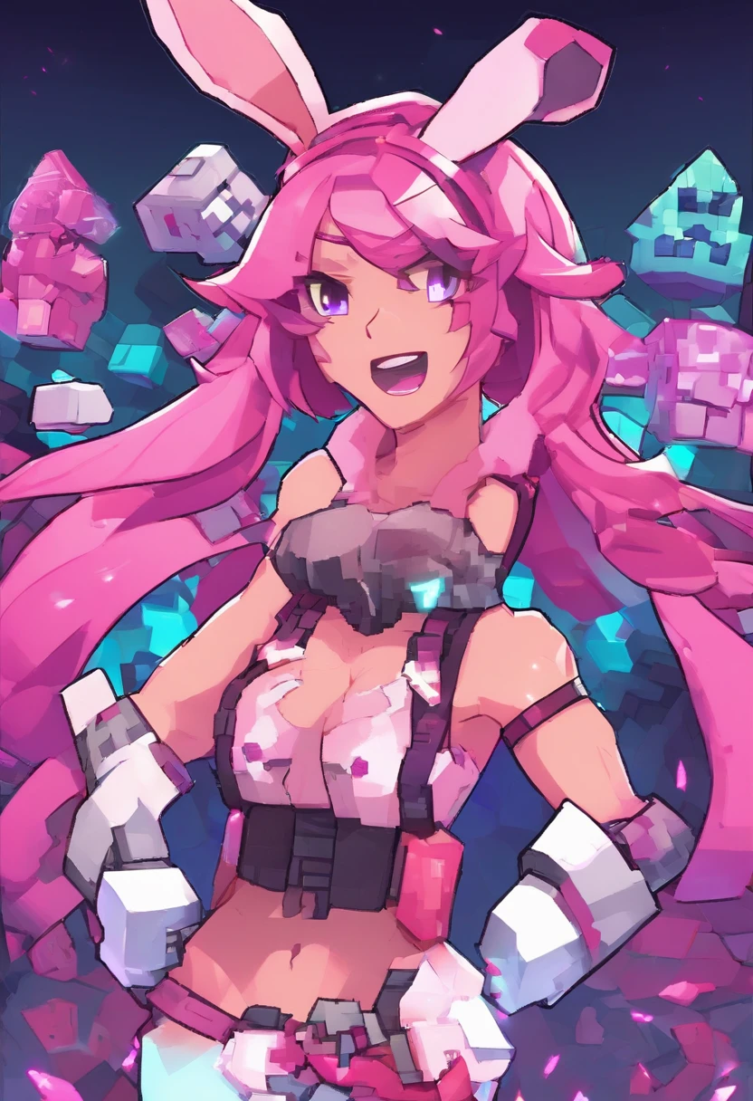 Cute sexy girl, Pink hair, A bunny girl, Ultra photo realsisim, Detailed lighting, anime big breast, Possessed ,gigantic cleavage breasts,strong muscle