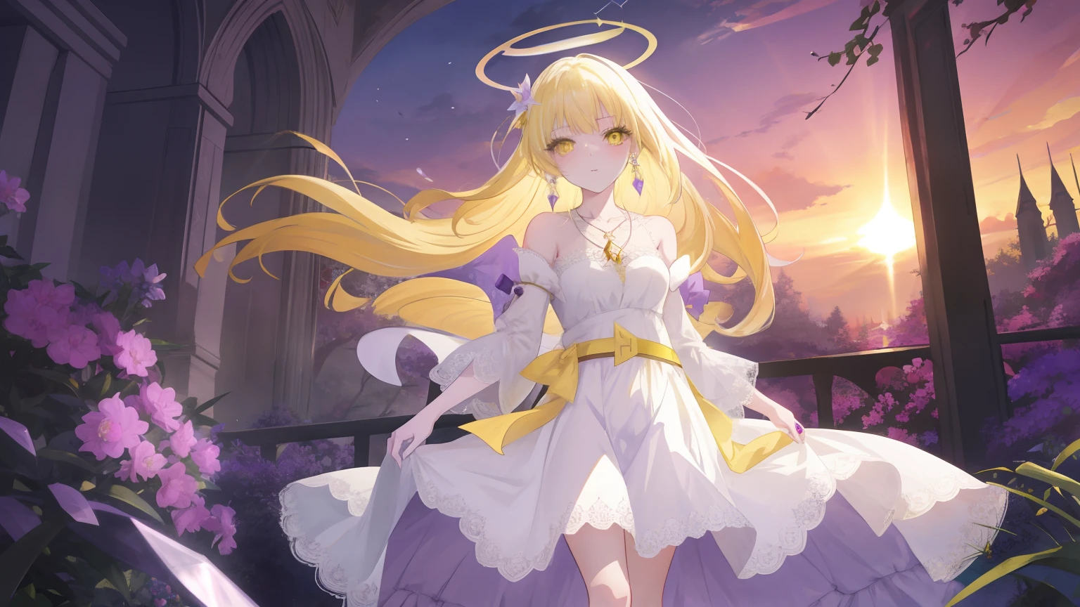 Anime game Arcane Garden's of the Great White Empire - Girl, pale yellow hair, long hair, bright yellow eyes, purple eyeliner, light white dress, yellow diamond pattern on the dress, yellow pattern on the dress, sad, looking at the viewer, purple necklace, lace belt on the leg, purple ribbon in the hair , yellow crystal wings, hexagonal crystals, abandoned palace balcony, crystal plants, sunset rays, halo