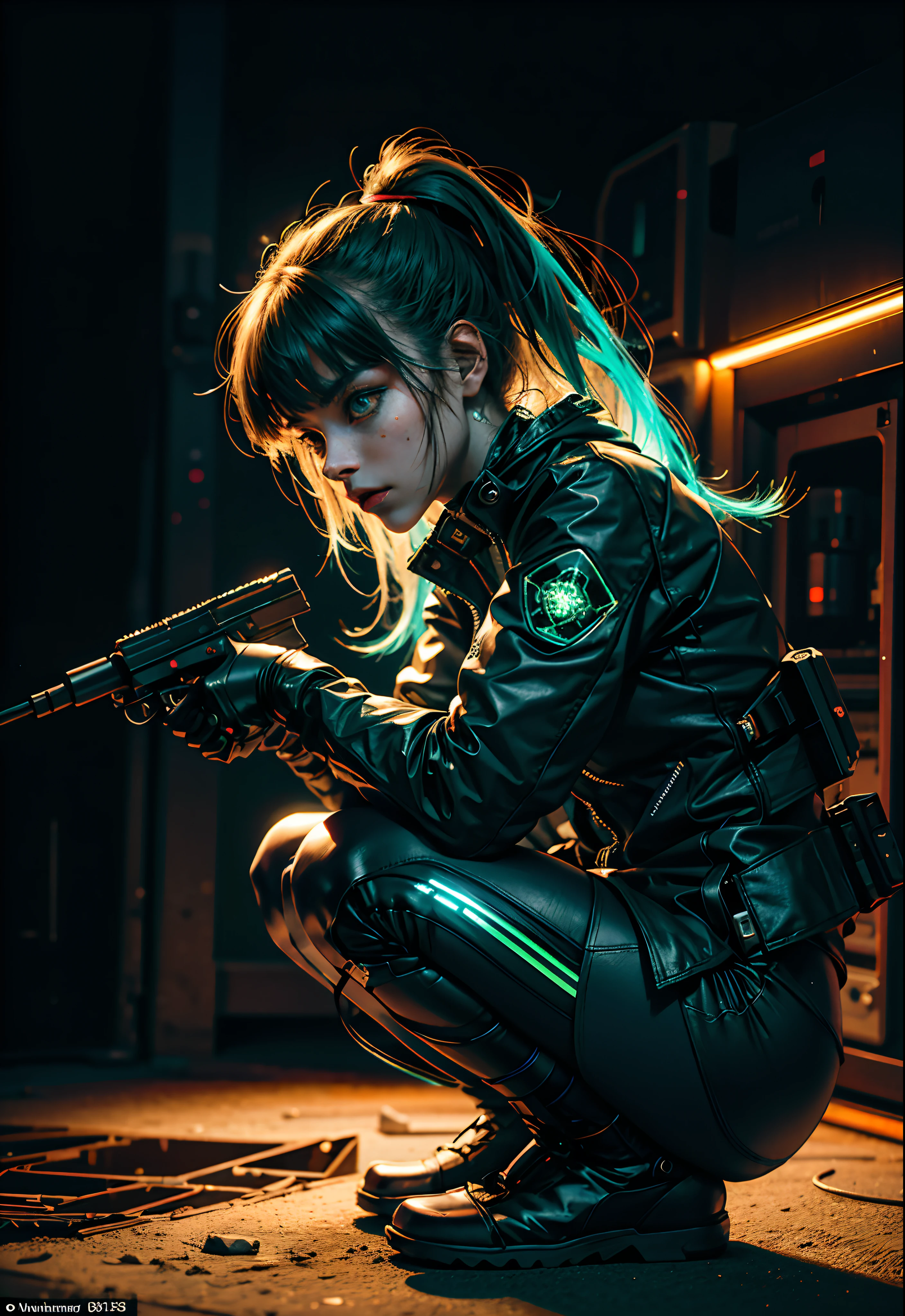 (grainy:0.5), cinematic,girl, space, serious, detailed eyes, detailed face, detailed futuristic clothes, lights in clothes, (aiming gun:1.1), (hiding:1.1), (squatting, looking to side:1.1), volumetric lighting, isolation, horror, dark lighting, red bioluminescent details, green bioluminescent details, blue bioluminescent details