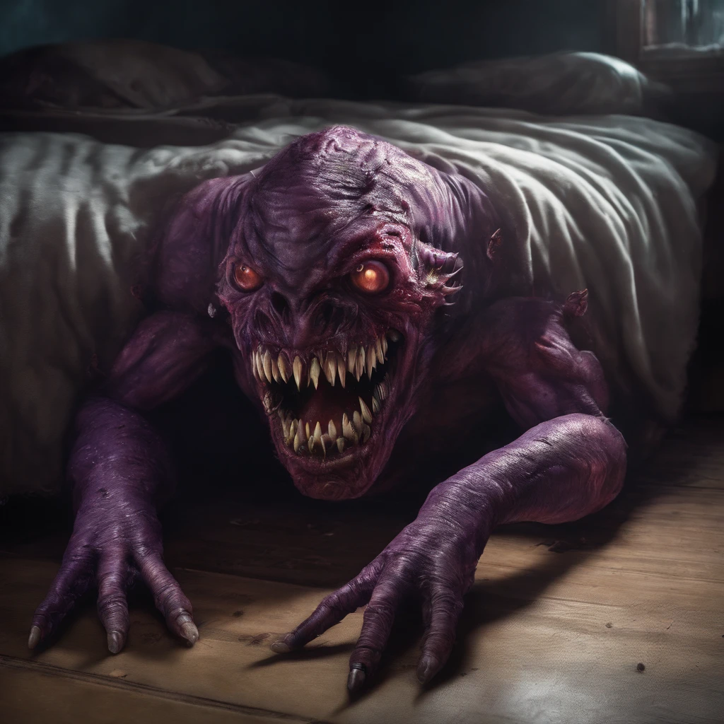 A creepy creature lies on the floor, Monster under the bed, The Monster of Sleep Paralysis,Dark Purple Moon Dark Pattern 1945 Fighter Baby Blood Eyes