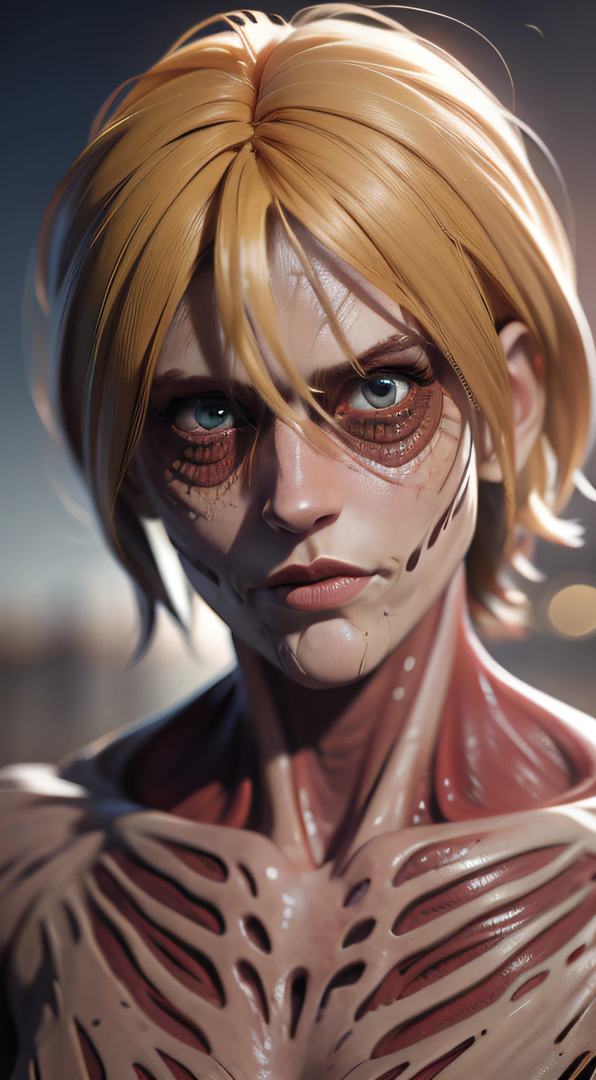 Attack on titan Annie, post apocalytic, female titan, muscular, bokeh, UHD, side lighting, ultra realistic, ray tracing