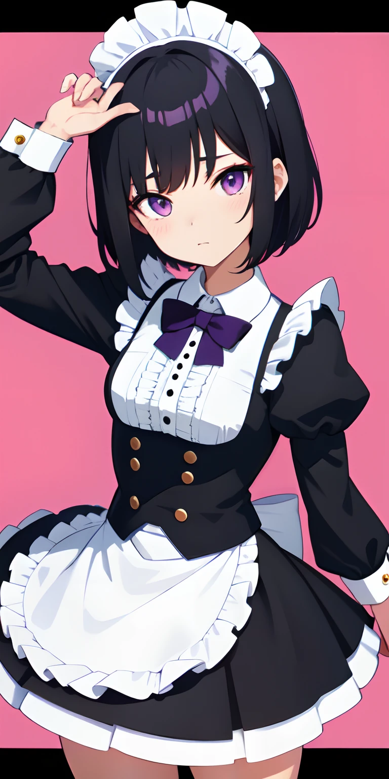 An anime girl, Short black hair, Purple eyes, Curved hairstyle, Cute maid outfit , Evening, high-school, Neutral facial expression