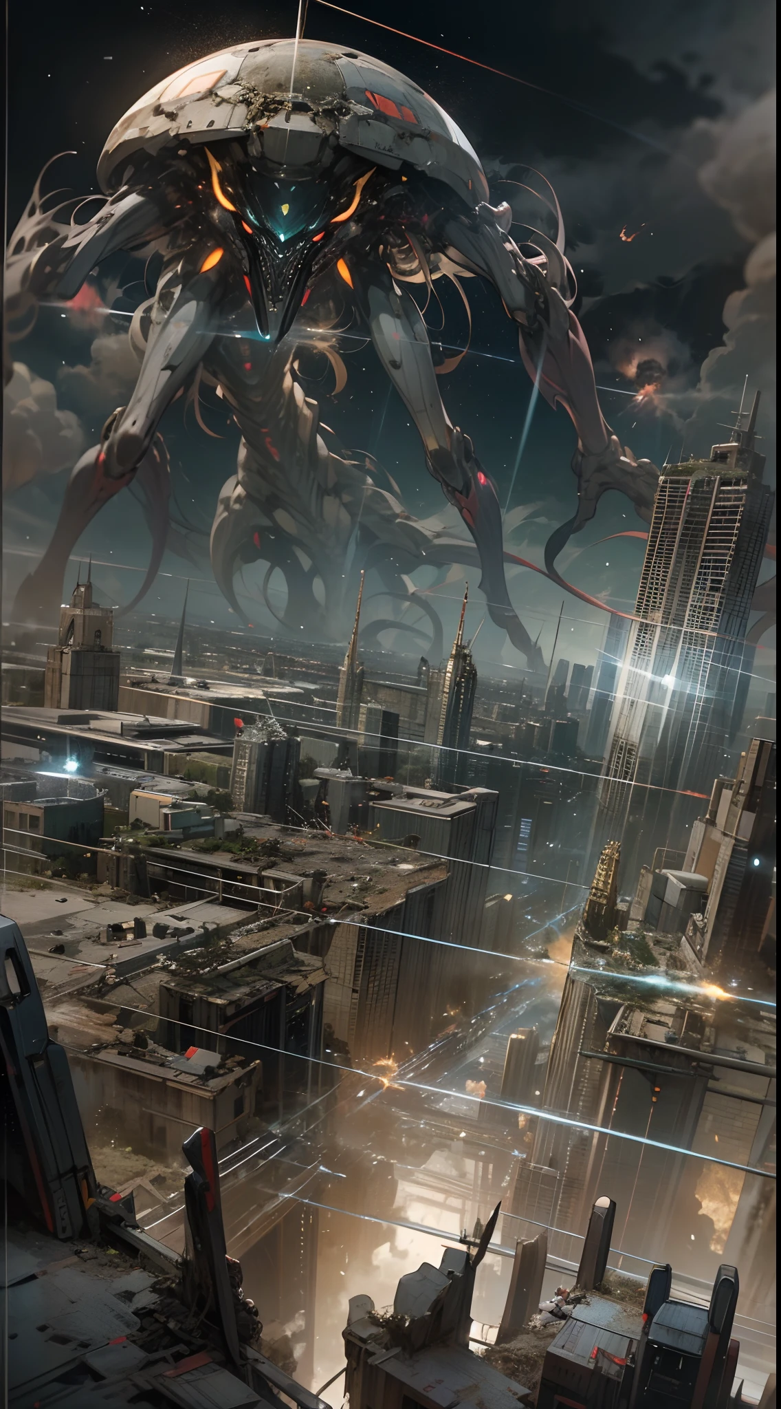 War of the Worlds,Countless fighters,Cockpit perspective,planetes,in fighting,close battle,Crisis,Nervousness,explosions,tragedy,droid,Masterpiece,high-detail,perfect-composition,the golden ratio, Epic invasion scene of giant alien monsters, equipped with powerful futuristic weapons "Creepy and intense alien monster invasion scene with dark atmosphere, dramatic lighting, and intense action. Show powerful extraterrestrial creatures, advanced technology, destroyed cityscape, panicked civilians, and a sense of imminent danger. Generate an unsettling and immersive image that captures the chaos and terror of an otherworldly invasion. a group of humans wearing futuristic suits are fighting with laser guns, bloody war, The scene is extremely complex, extremely impressive with intricate details, extremely smooth displayed textures. Bright, sharp light" masterpiece, best quality, intricate detail, complex scenery, thrilling, dramatic action, 8k, hdr
