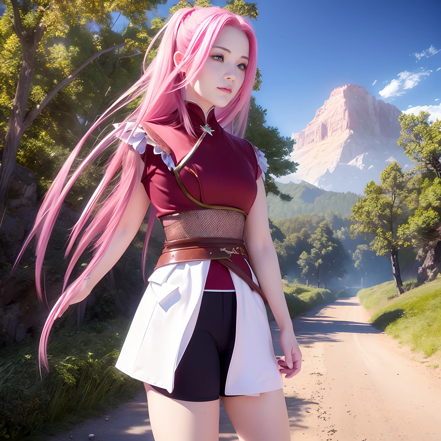 Fantasy artwork of a girl character in Genshin Impact's scenic landscape: a beautiful scene featuring a girl with long pink hair, standing in a wide field. She wears shorts and an open white jacket, with red eyes and a light smile. The landscape includes a mountain, realistic sky, tree, and grass. The artwork has a low contrast and brightness, with smooth clouds and a clear sky at sunrise