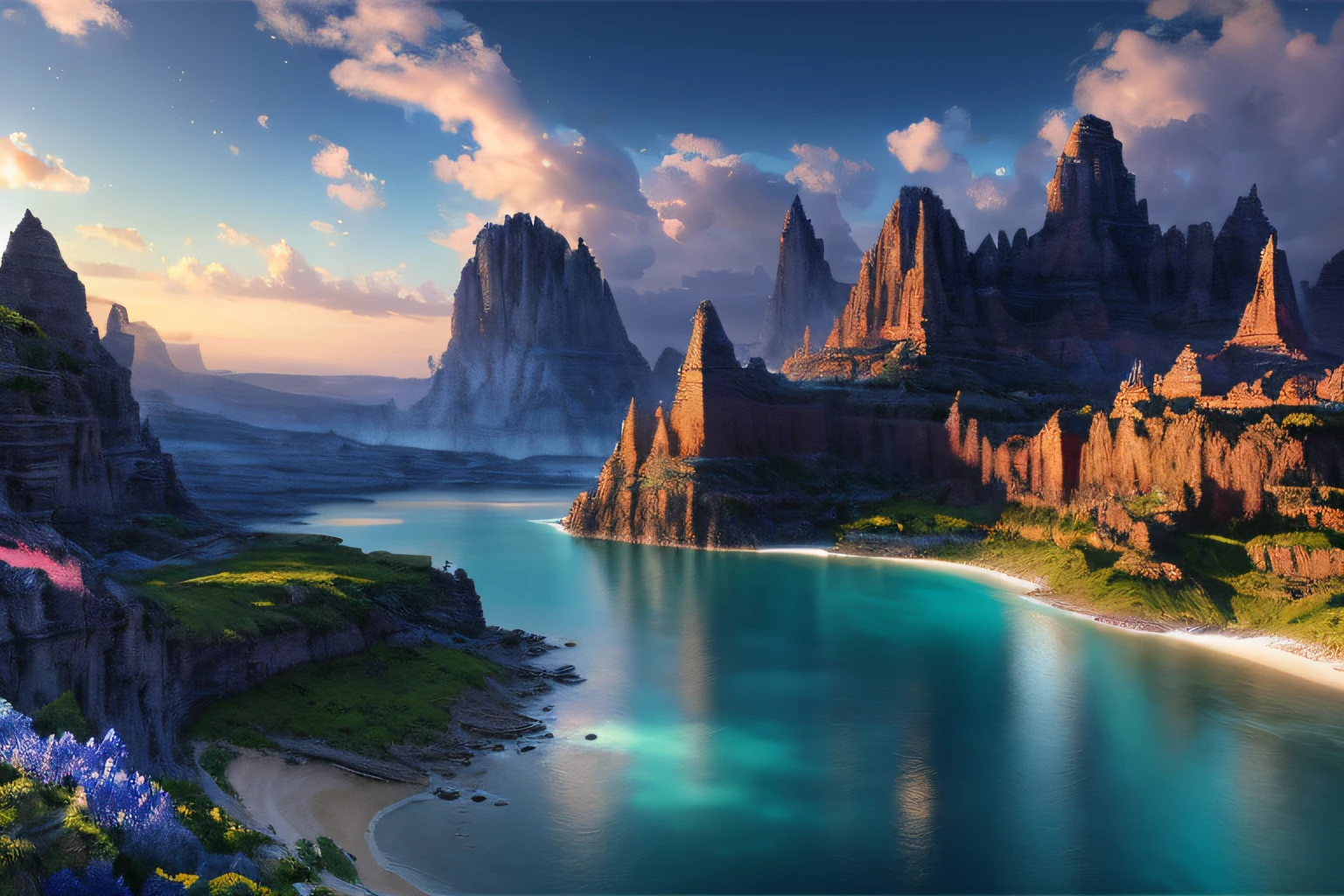 Landscape inside the earth, Agartha, mer cristalline bleu cobalt,glycine, Eau cristalline, ciel azur lumineux, ,(Highly detailed CG Unit 8k wallpaper), The most beautiful work of art in the world, Professional majestic oil painting, complexe, High detail, mise au point nette, dramatique, Art of photorealist painting,
