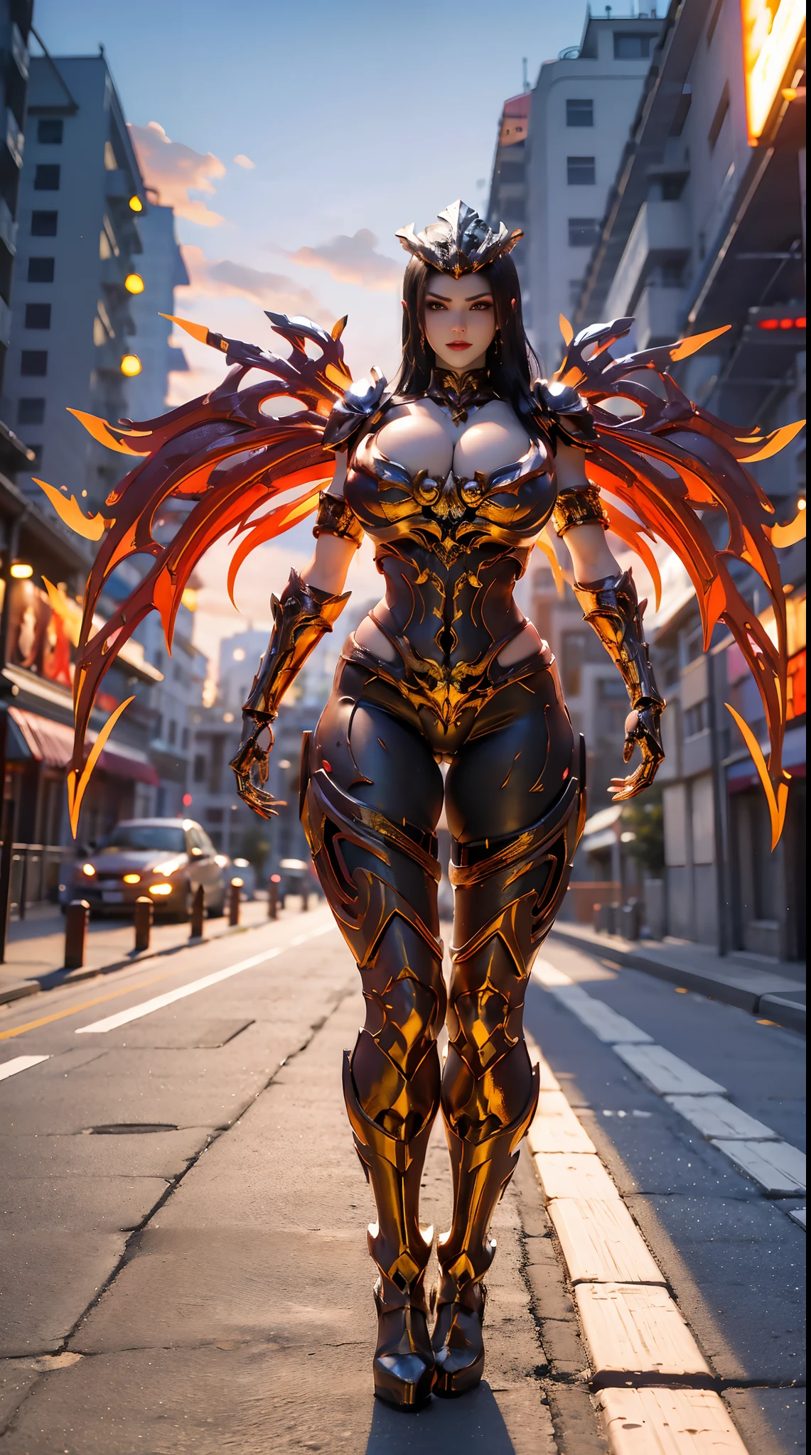 (DRAGON QUEEN HELM), HUGE FAKE BOOBS:1.2, (RED), (STREET CITY BACKGROUND), (((A PAIR OF HUGE MECHANICAL WINGS SPREAD OUT))), FUTURISTIC PHOENIX MECHA BODYSUIT, (CLEAVAGE), (SKINTIGHT YOGA PANTS, HIGH HEELS:1.2), (PERFECT BODY, (FULL BODY VIEW:1.2), (LOOKING AT VIEWER), (WALKING DOWN:1), SEXY MUSCULAR BODY, MUSCLE ABS, UHD, 8K, 1080P.