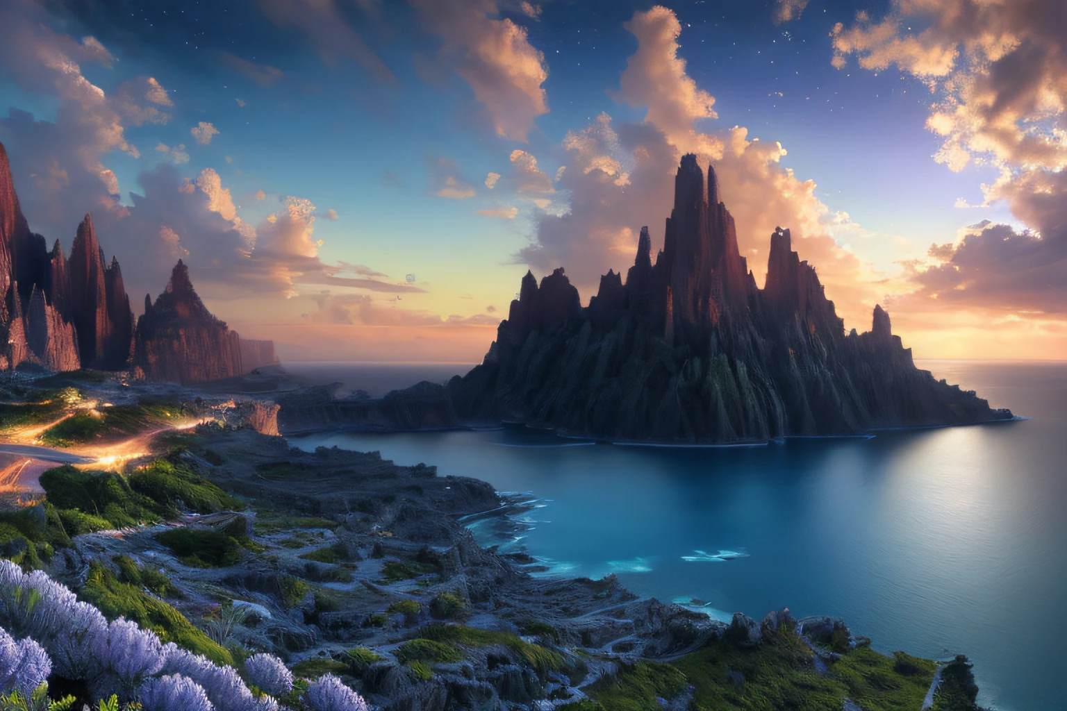 Landscape inside the earth, Agartha, mer cristalline bleu cobalt,glycine, Eau cristalline, ciel azur lumineux, ,(Highly detailed CG Unit 8k wallpaper), The most beautiful work of art in the world, Professional majestic oil painting, complexe, High detail, mise au point nette, dramatique, Art of photorealist painting,