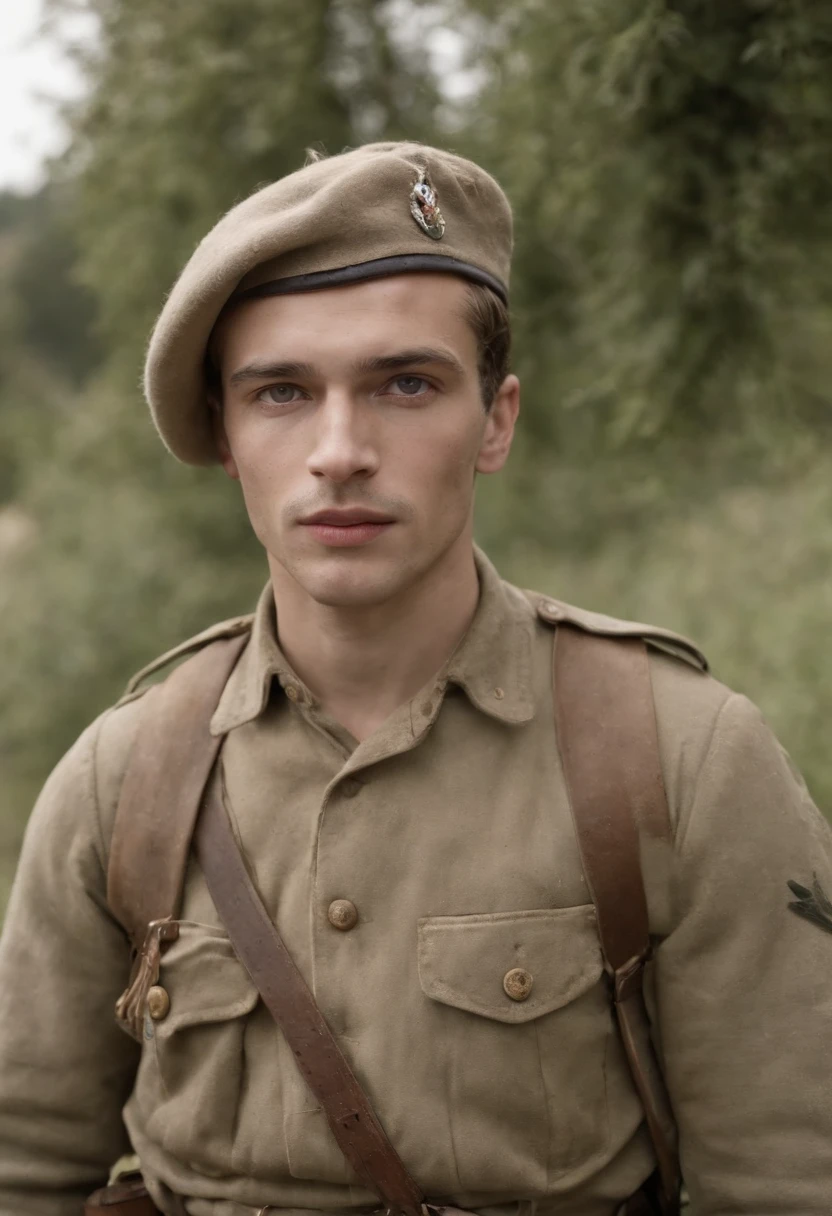 A French soldier from 1940, teint clair, environ 25 ans, cheveux blonds naturels, yeux verts, dans un village en ruines