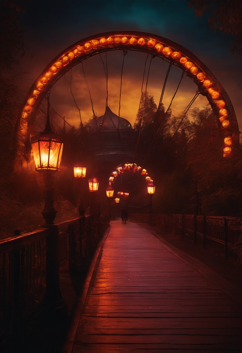 Halloween Dark Amusement Park, Horror Poster movie, eerie, Creepy, nightmarish, Very bright colors, Light particles, with light glowing, Mshiff, wallpaper art, UHD wallpaper