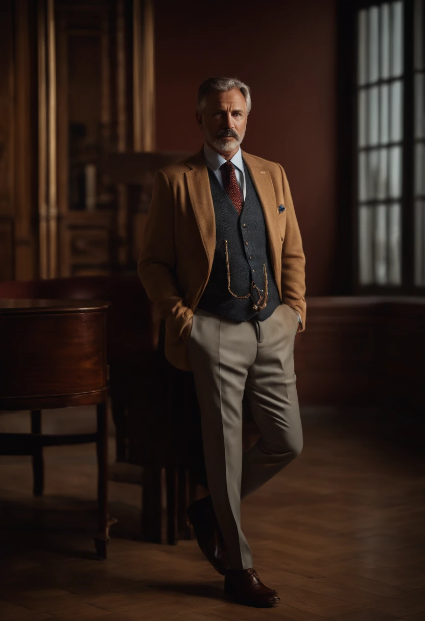 COACH DE NEGOCIOS ONLINE 60 YEARS OLD, masculino, de mucha experiencia, musculoso, robusto y acuerpado, una persona muy sabia y astuta, posing completely in front of the camera and full body shot, vistiendo con ropa elegante, TRAJE ENTERO AZUL MUY OSCURO, perfectamente ajustado, con un gesto decidido, serio y agresivo en su rostro, surrounded by lighting that highlights its imposing presence, Photographic and colorful style, Sharp focus lens.
