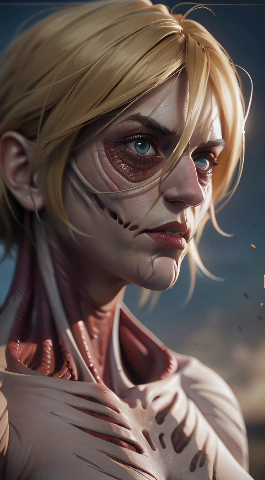 Attack on titan Annie, post apocalytic, female titan, muscular, bokeh, UHD, side lighting, ultra realistic, ray tracing