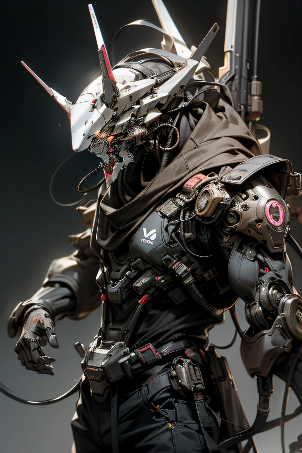 male mecha wearing ghost mask, stand posing, realistic outfit, polished, detailed body, detailed face, Detailed eye, Swollen eyes, top-quality, A high resolution, (reality: 1.4), Forward-facing body, (A hyper-realistic), (high resolution), (8K), (highly detailed), ( Best Illustration), (detailed eyes), (ultra-detailliert), Bright lighting, Professional Lighting、The background is a cyberpunk room with neon light.、The cord is connected from the costume
